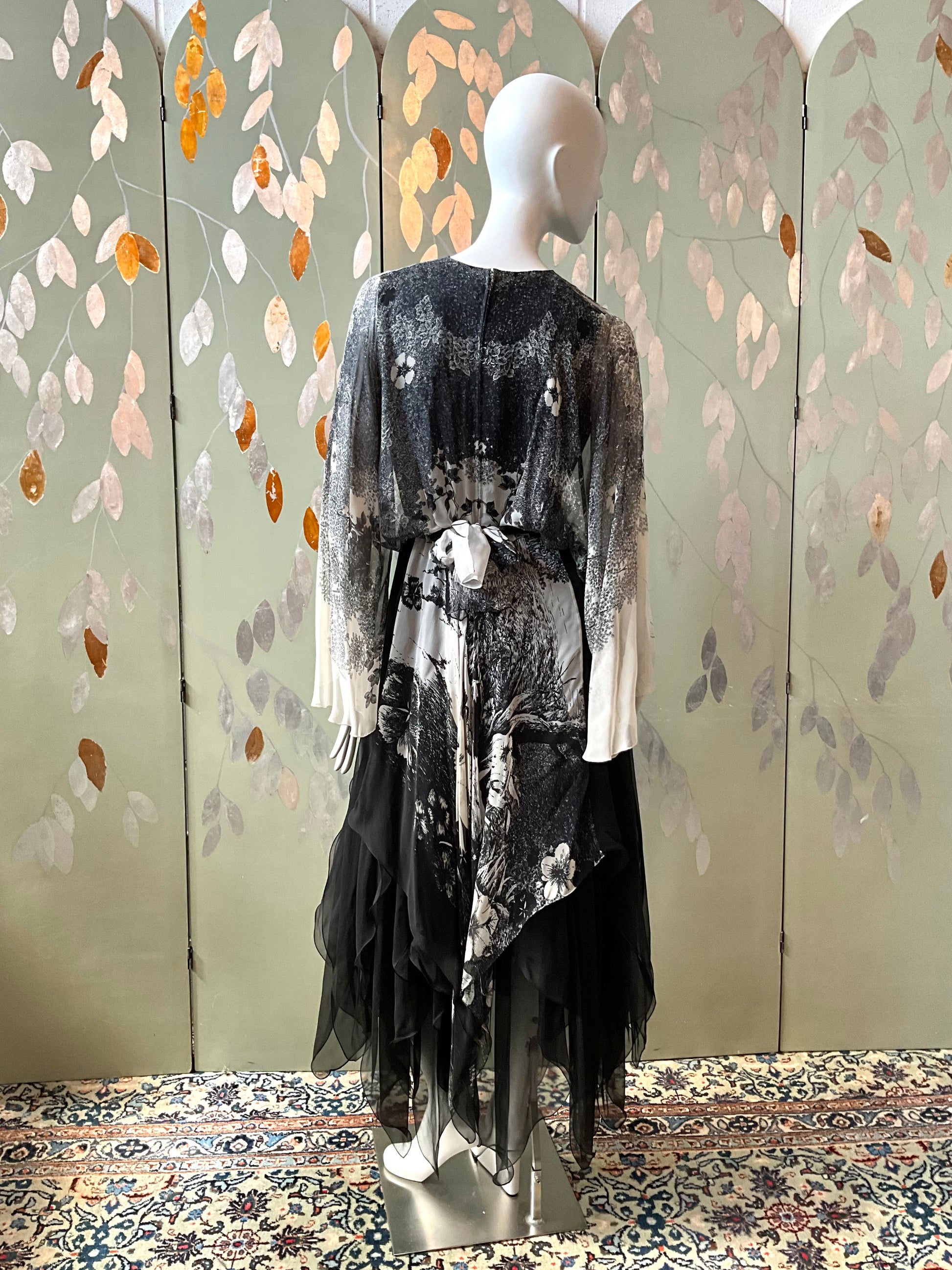 Vintage 1980s Hanae Mori Black and Grey Floral Chiffon Handkerchief Hem Dress, Small 