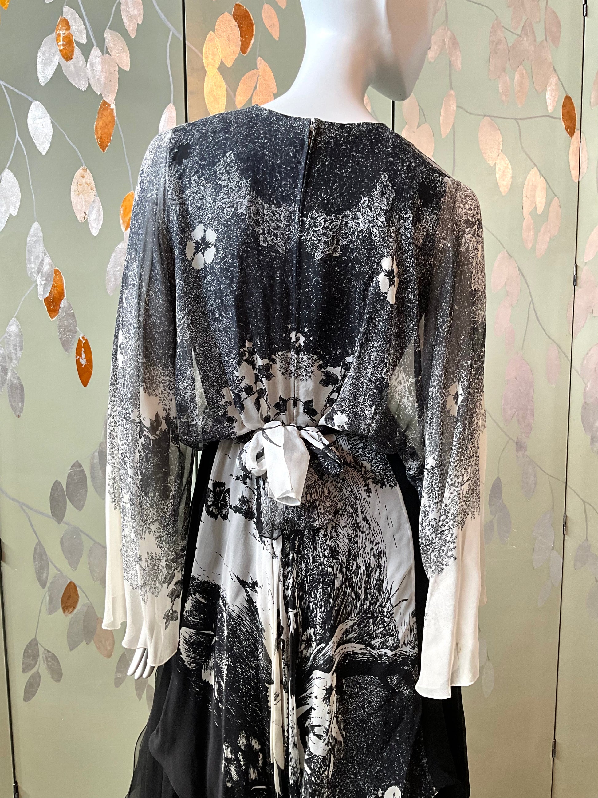 Vintage 1980s Hanae Mori Black and Grey Floral Chiffon Handkerchief Hem Dress, Small 