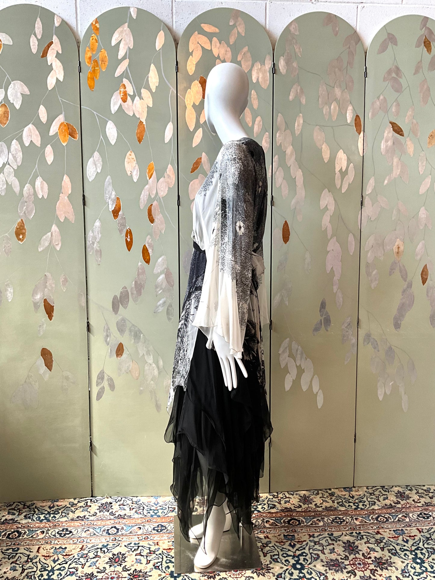 Vintage 1970s Hanae Mori Black and Grey Floral Chiffon Handkerchief Hem Dress, Small