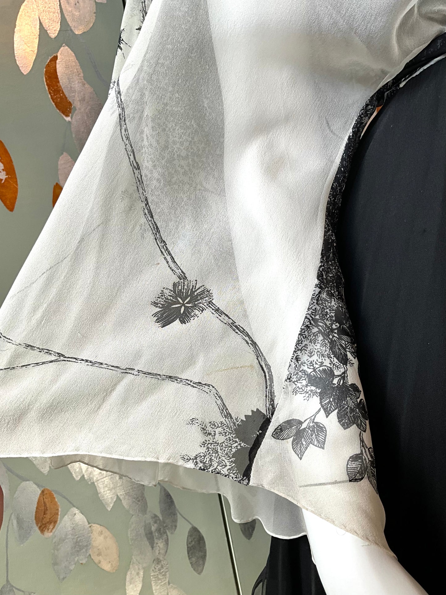 Vintage 1970s Hanae Mori Black and Grey Floral Chiffon Handkerchief Hem Dress, Small
