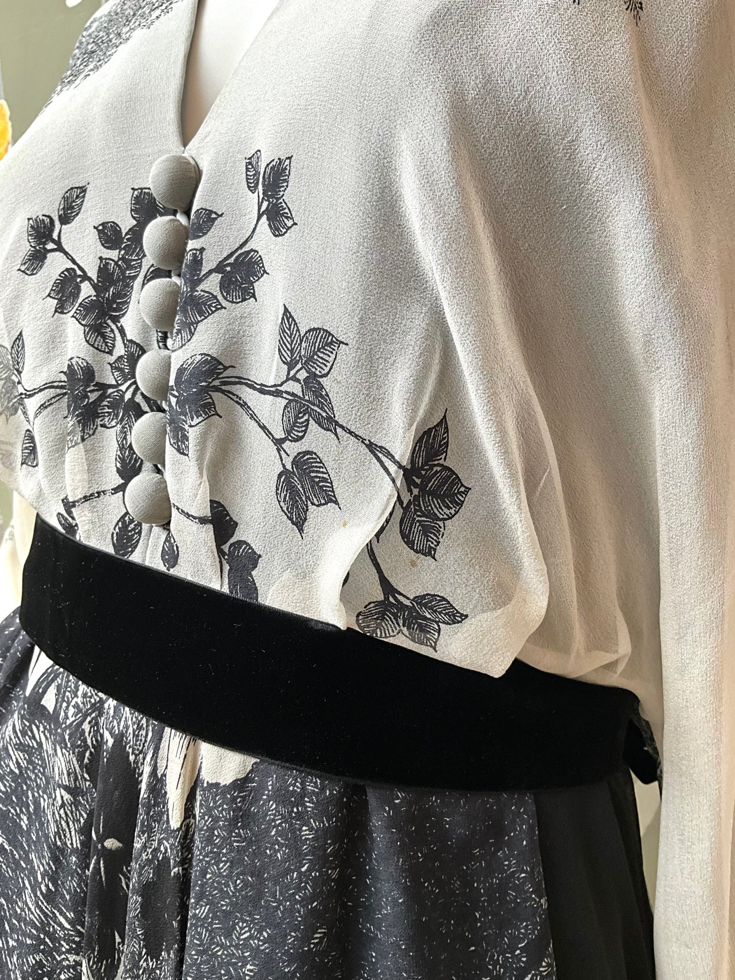 Vintage 1970s Hanae Mori Black and Grey Floral Chiffon Handkerchief Hem Dress, Small