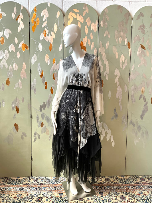 Vintage 1980s Hanae Mori Black and Grey Floral Chiffon Handkerchief Hem Dress, Small 