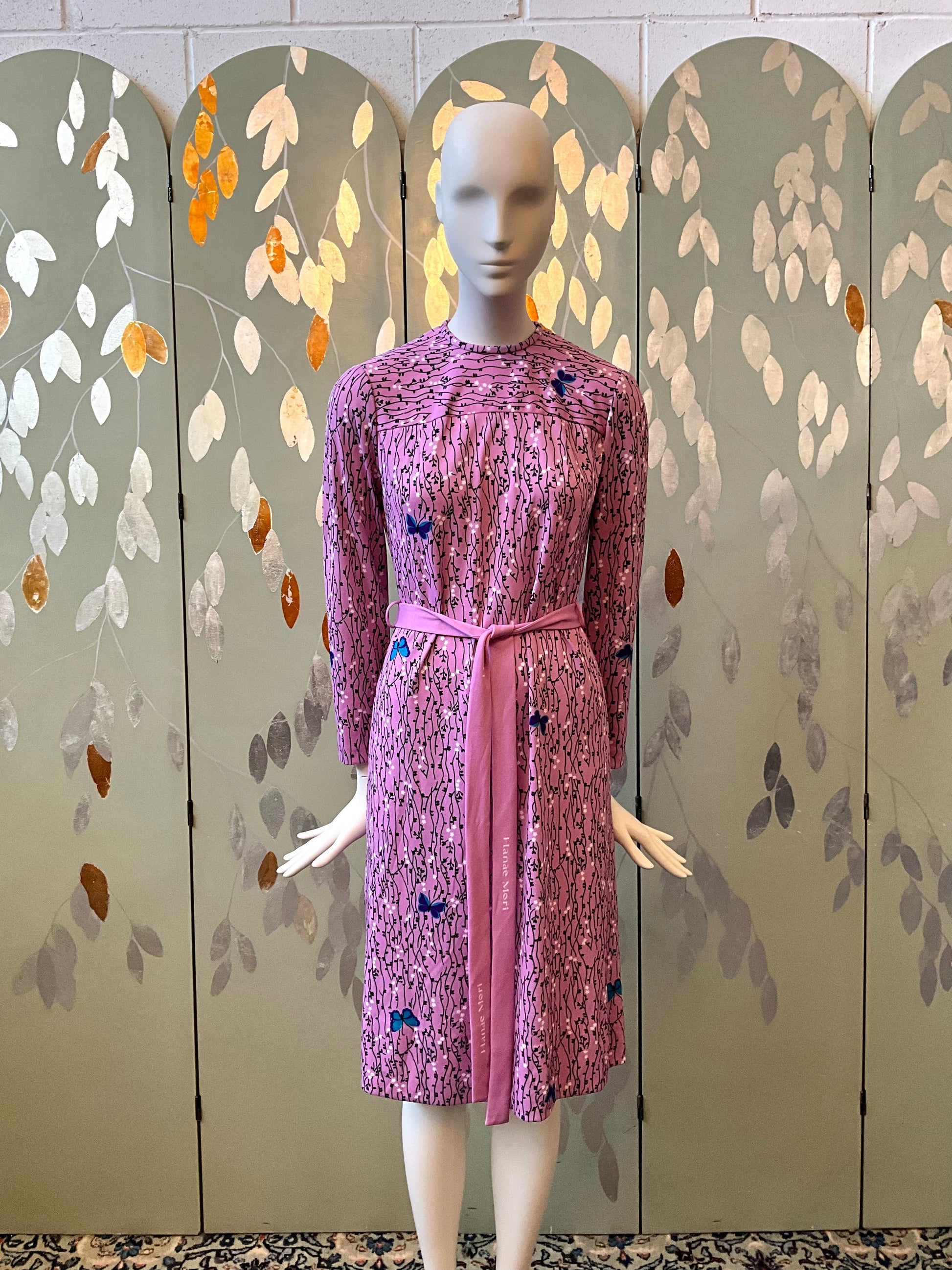 Vintage 1970s Hanae Mori Pink Butterfly Print Jersey Dress, Medium