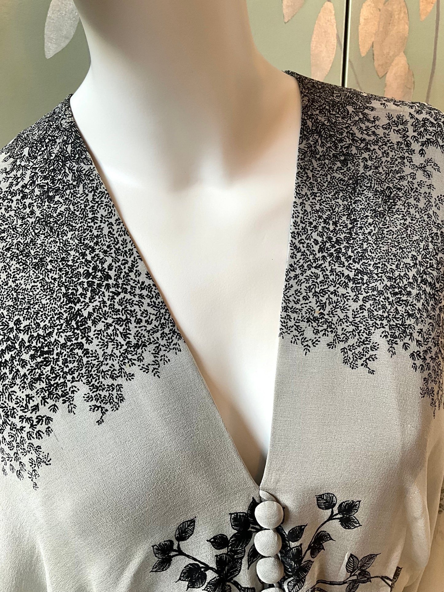 Vintage 1970s Hanae Mori Black and Grey Floral Chiffon Handkerchief Hem Dress, Small
