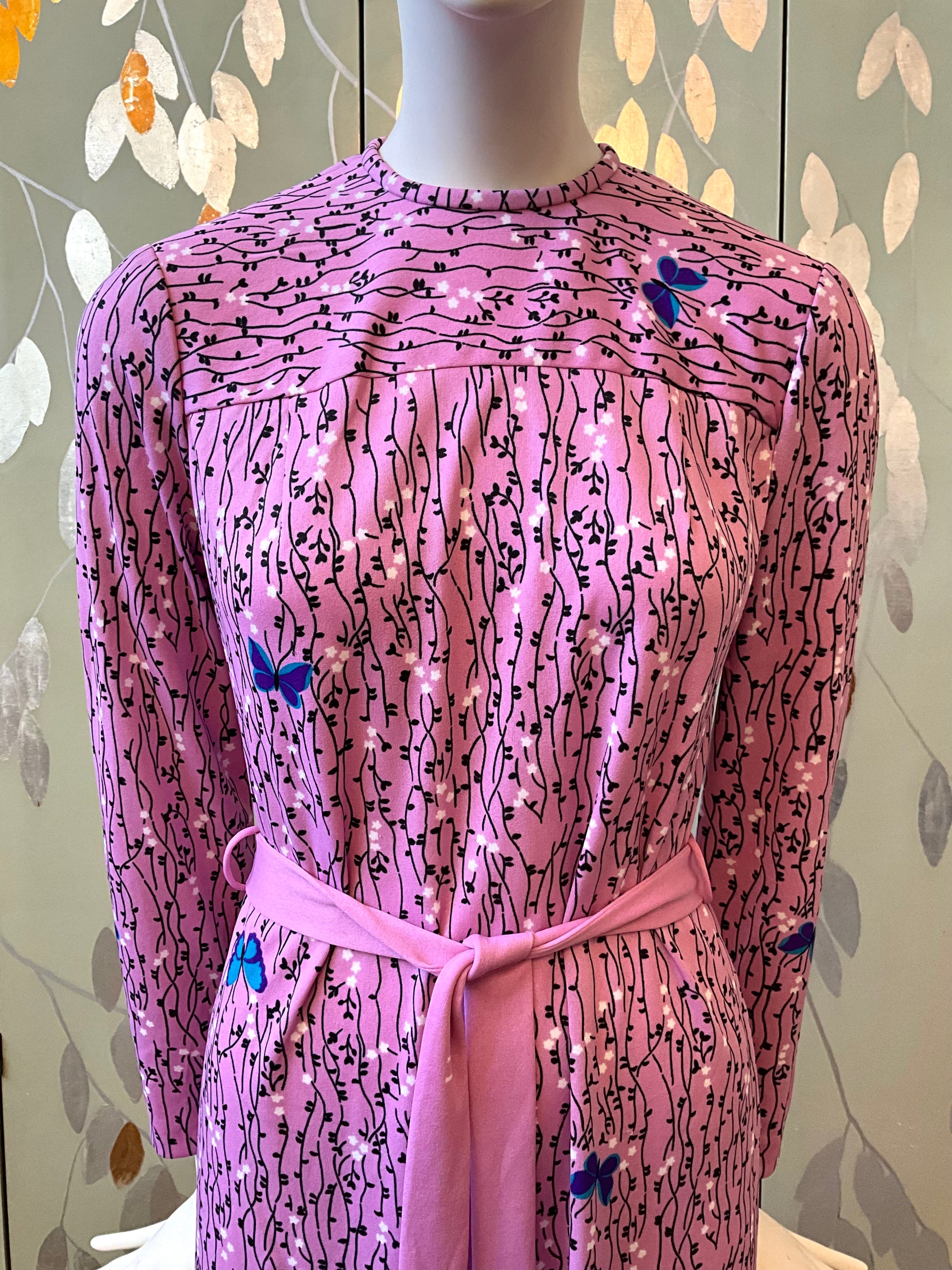 Vintage 1970s Hanae Mori Pink Butterfly Print Jersey Dress, Medium
