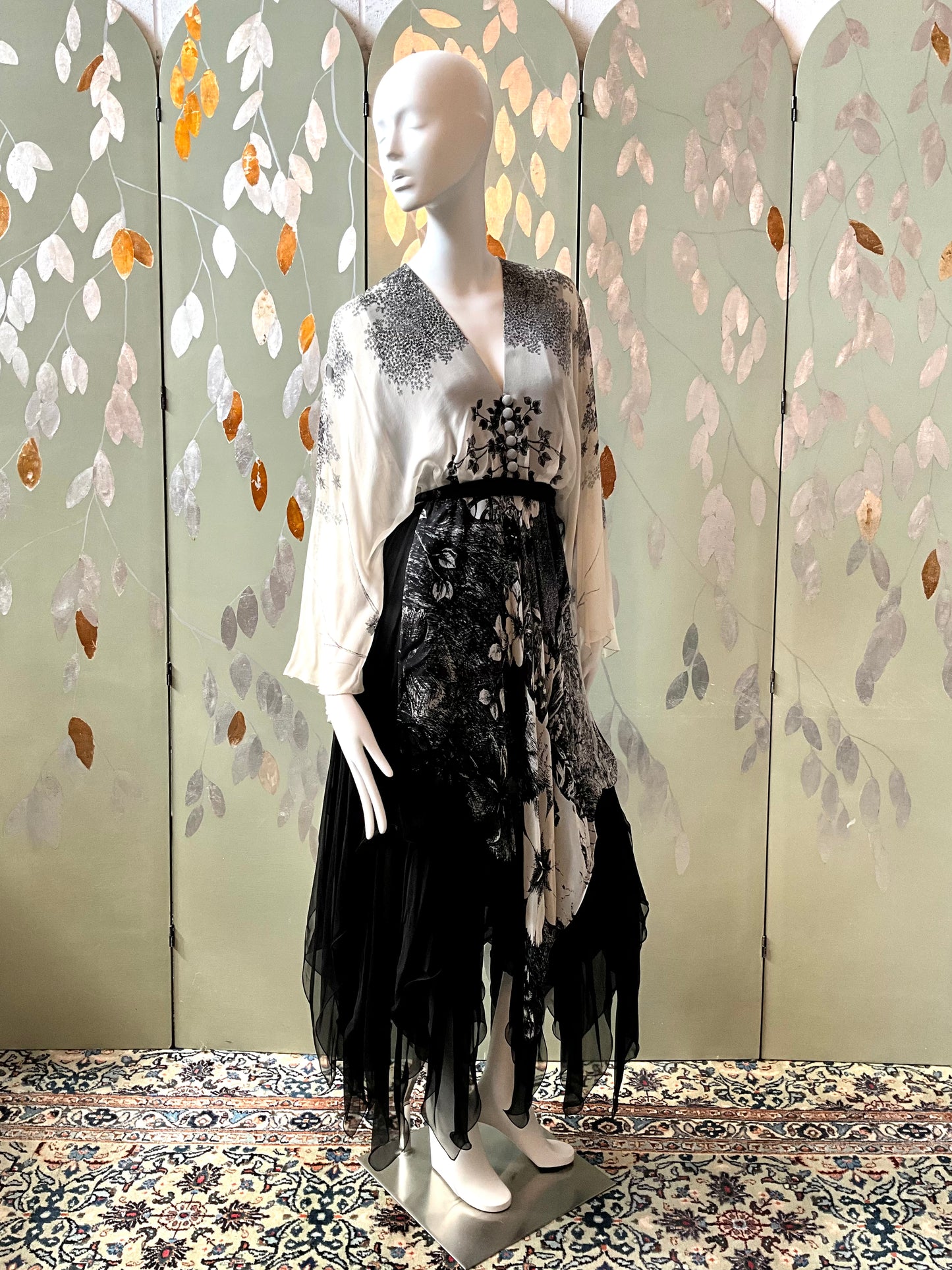 Vintage 1980s Hanae Mori Black and Grey Floral Chiffon Handkerchief Hem Dress, Small 