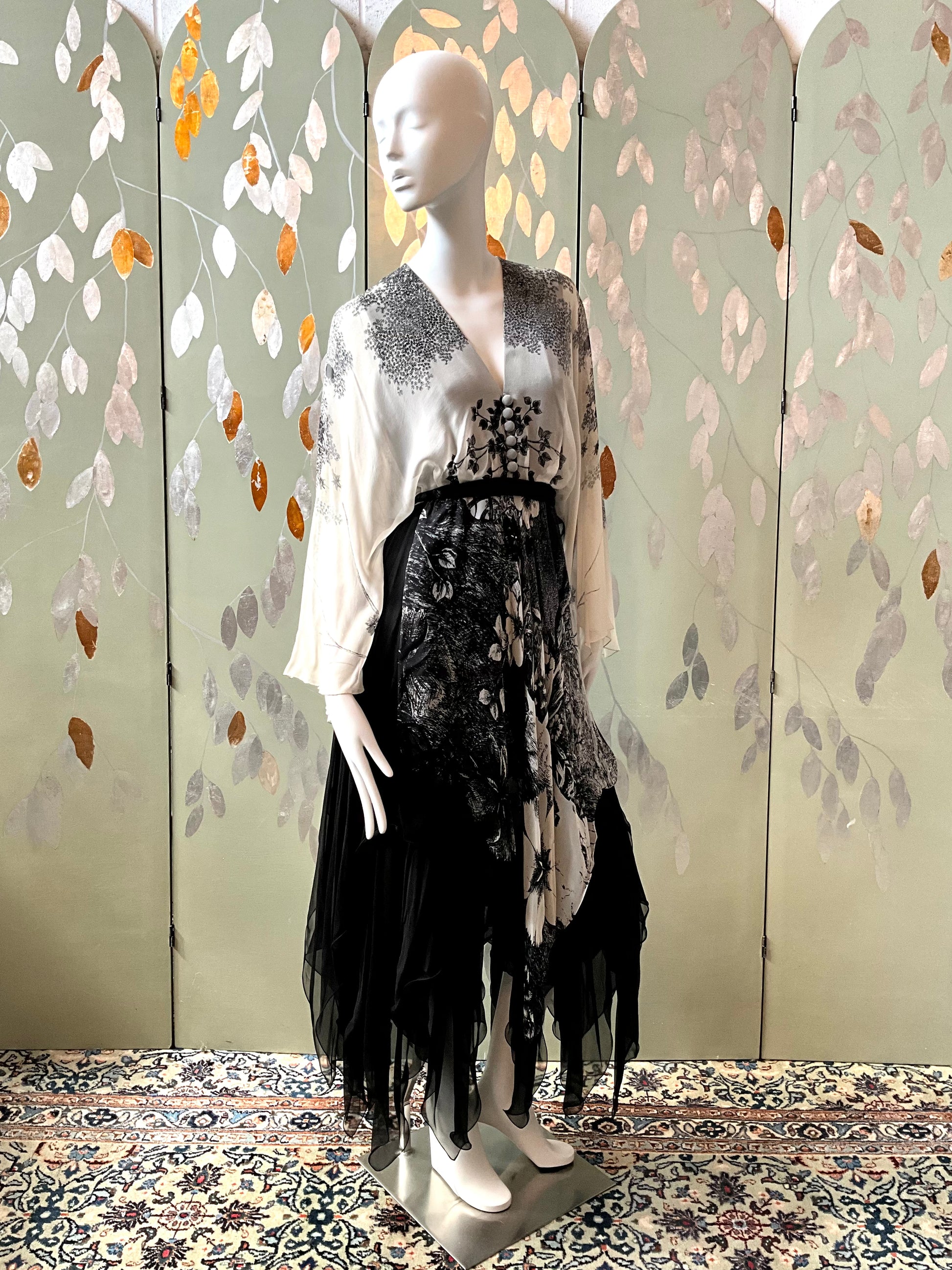 Vintage 1980s Hanae Mori Black and Grey Floral Chiffon Handkerchief Hem Dress, Small 