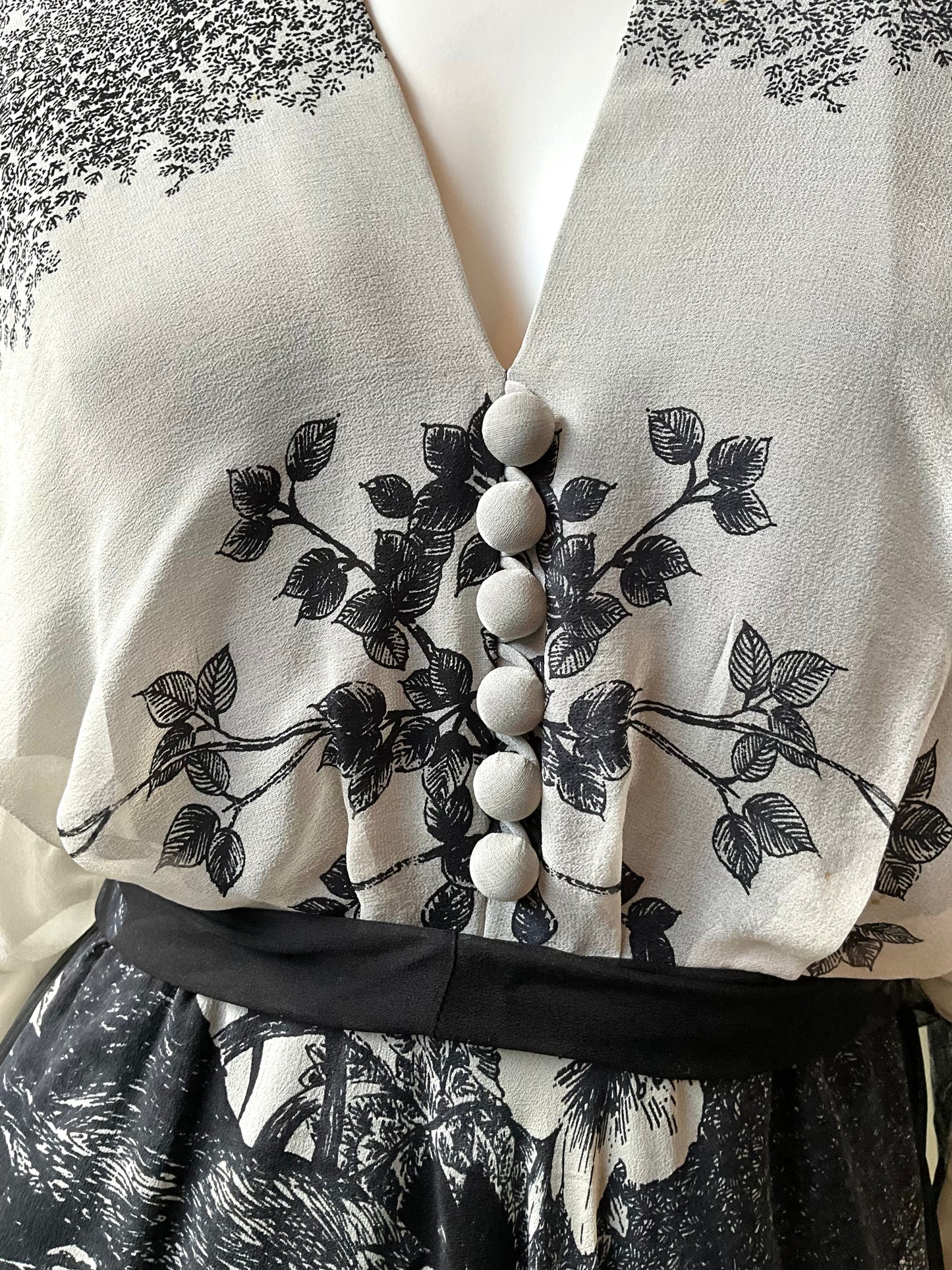 Vintage 1980s Hanae Mori Black and Grey Floral Chiffon Handkerchief Hem Dress, Small 