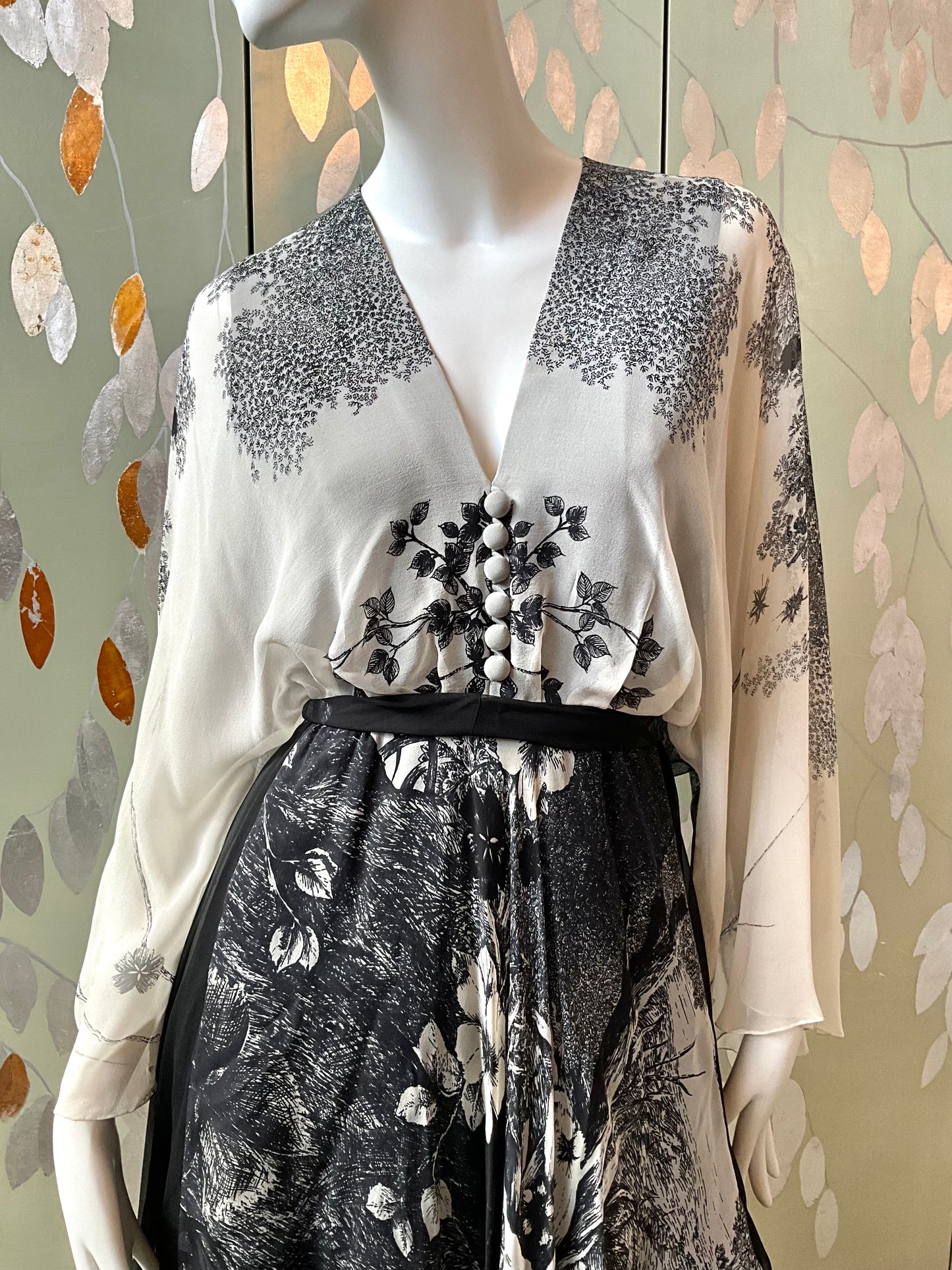 Vintage 1980s Hanae Mori Black and Grey Floral Chiffon Handkerchief Hem Dress, Small 