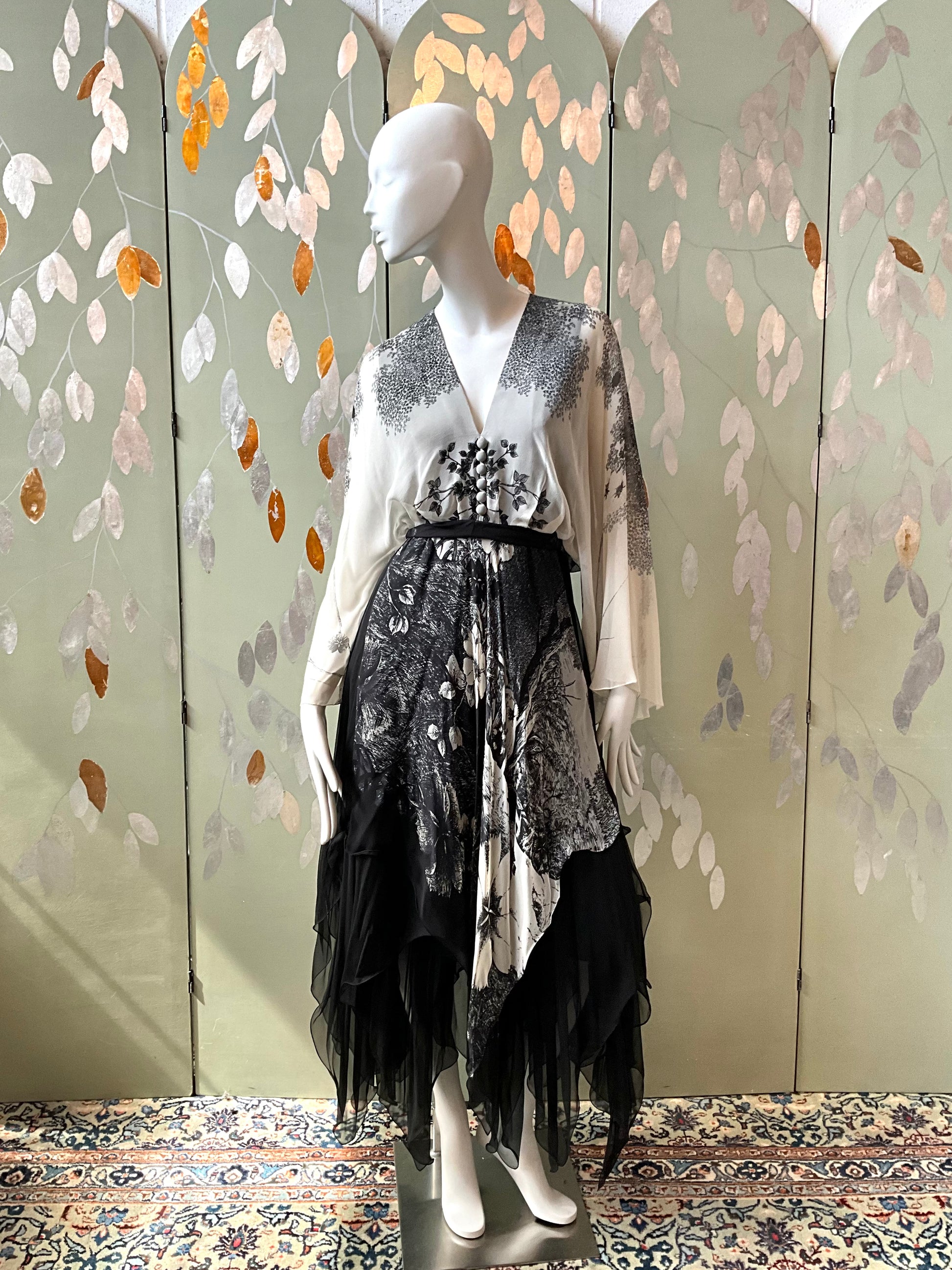 Vintage 1980s Hanae Mori Black and Grey Floral Chiffon Handkerchief Hem Dress, Small 
