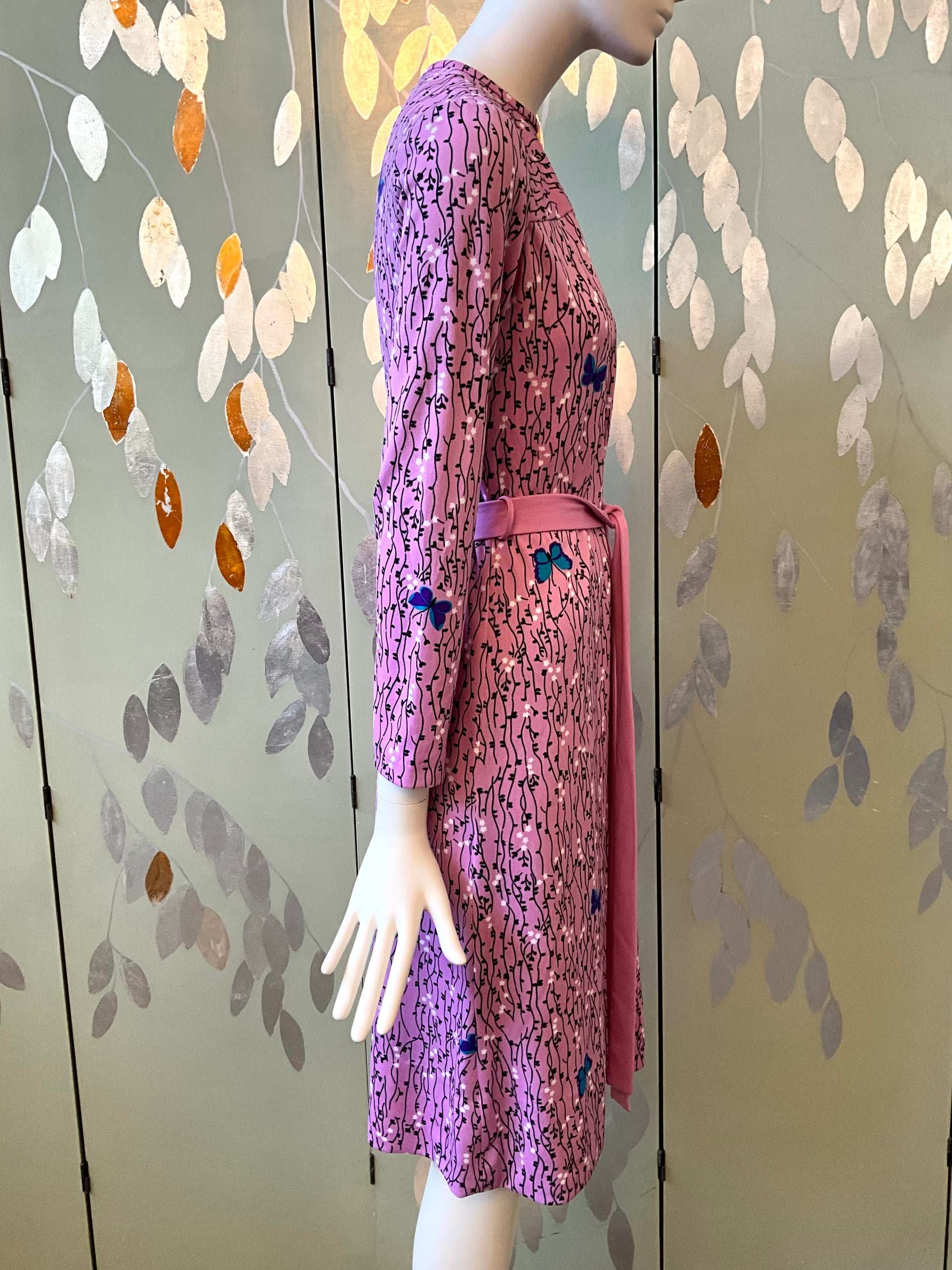 Vintage 1970s Hanae Mori Pink Butterfly Print Jersey Dress, Medium