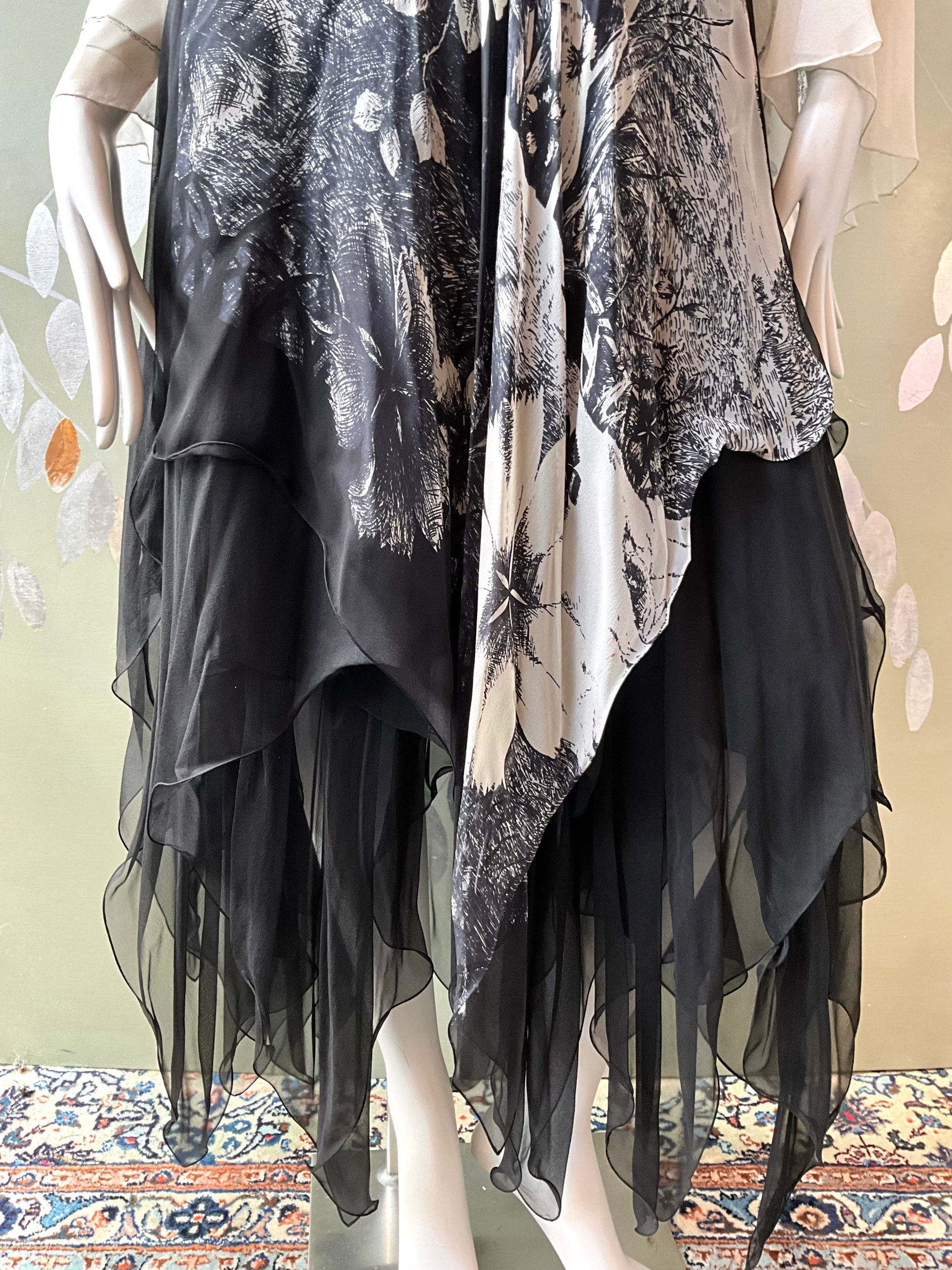 Vintage 1980s Hanae Mori Black and Grey Floral Chiffon Handkerchief Hem Dress, Small 