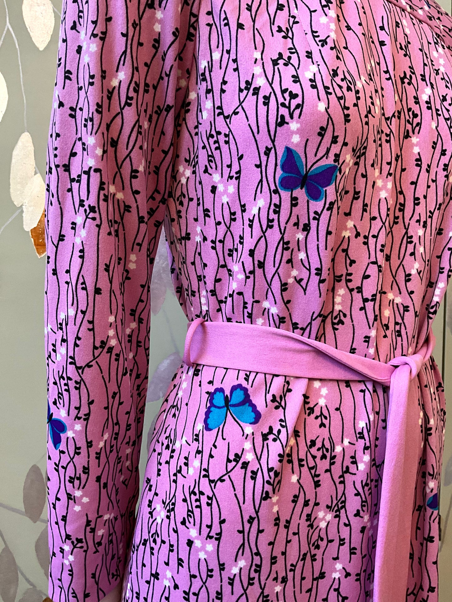 Vintage 1970s Hanae Mori Pink Butterfly Print Jersey Dress, Medium