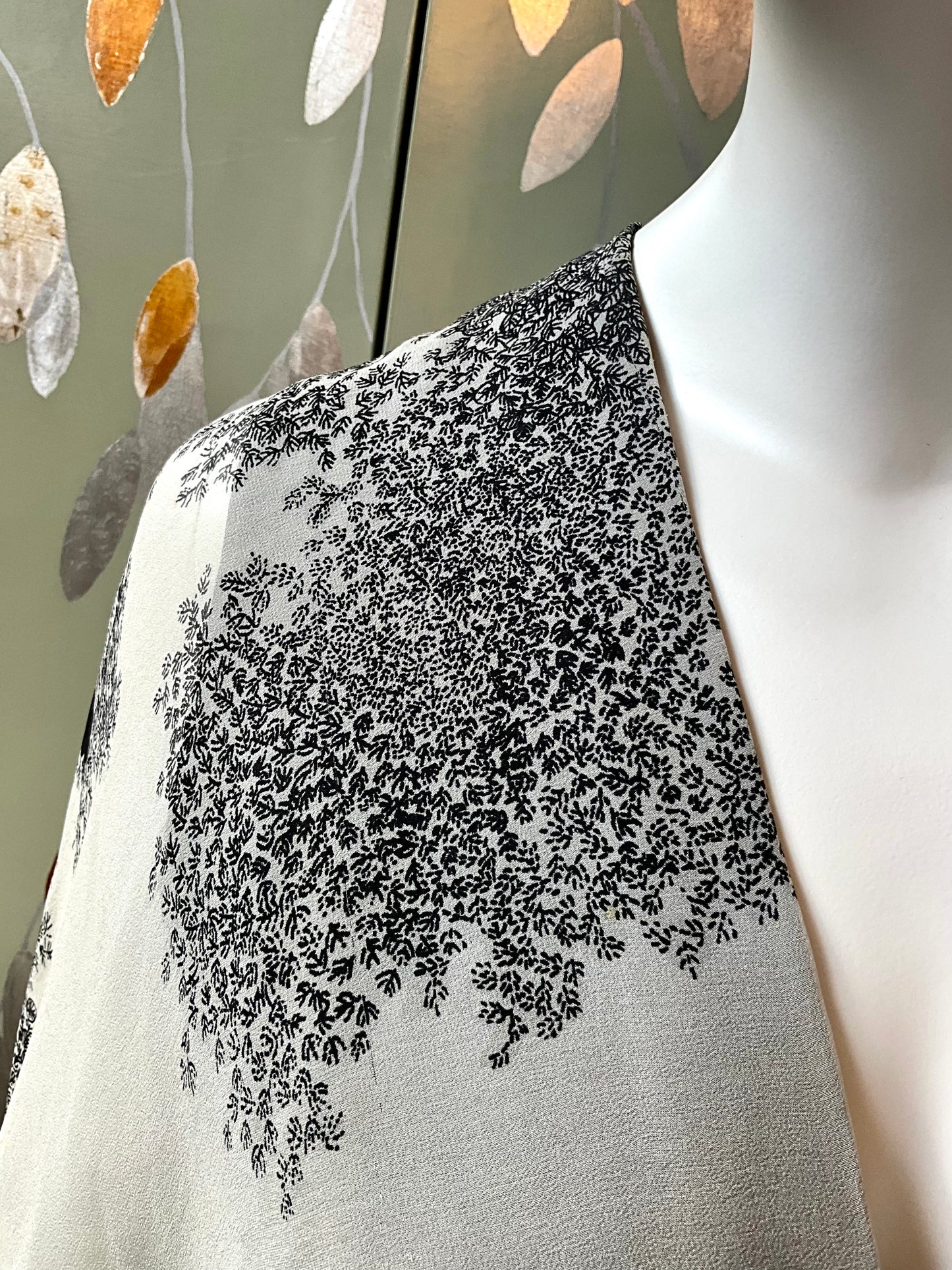 Vintage 1980s Hanae Mori Black and Grey Floral Chiffon Handkerchief Hem Dress, Small 