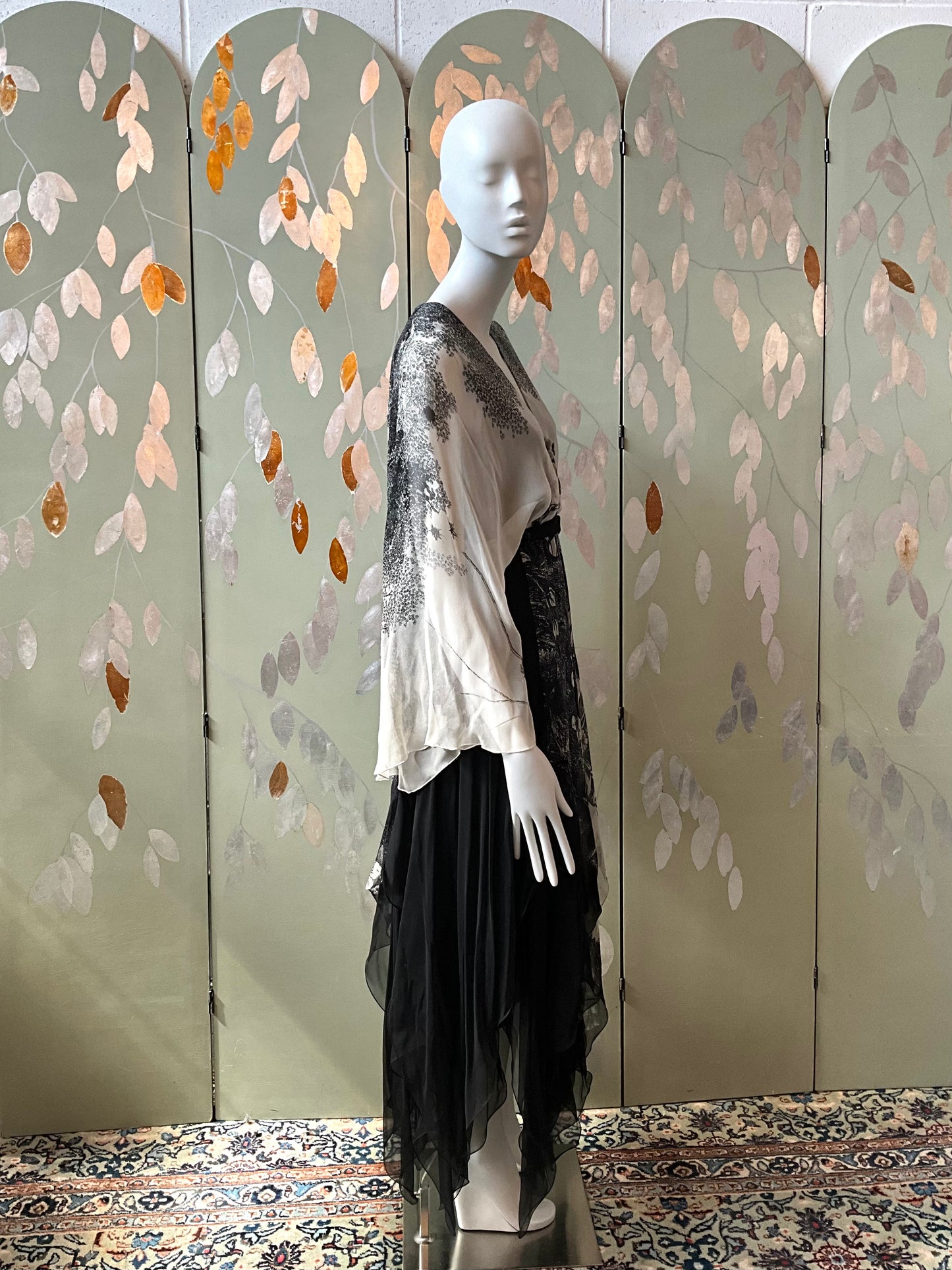 Vintage 1980s Hanae Mori Black and Grey Floral Chiffon Handkerchief Hem Dress, Small 