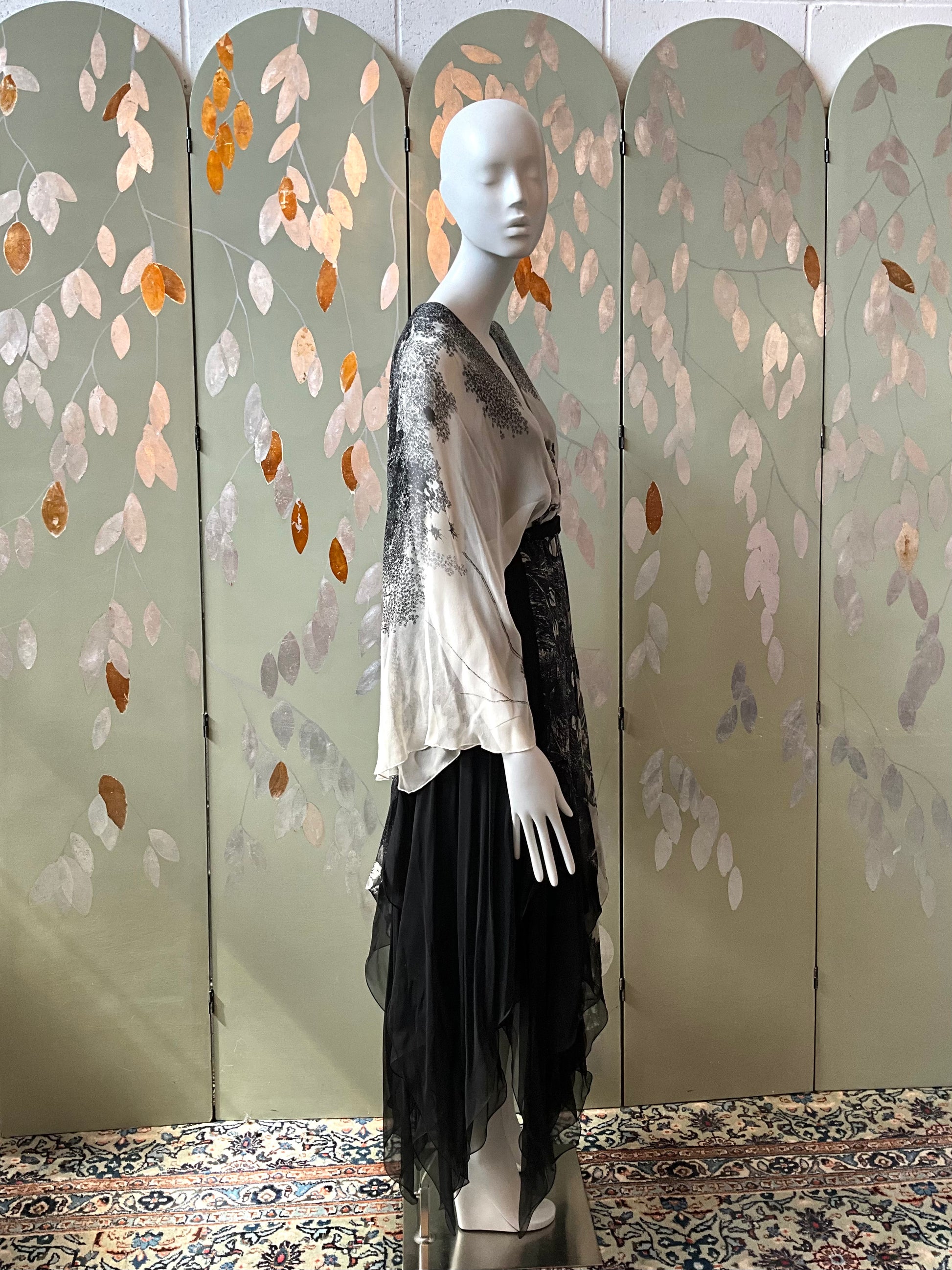 Vintage 1980s Hanae Mori Black and Grey Floral Chiffon Handkerchief Hem Dress, Small 