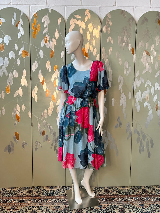 Vintage 1980s Hanae Mori Blue and Pink Floral Day Dress, Small 