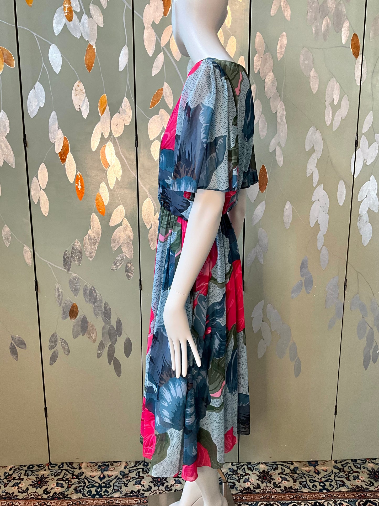 Vintage 1980s Hanae Mori Blue and Pink Floral Day Dress, Small 
