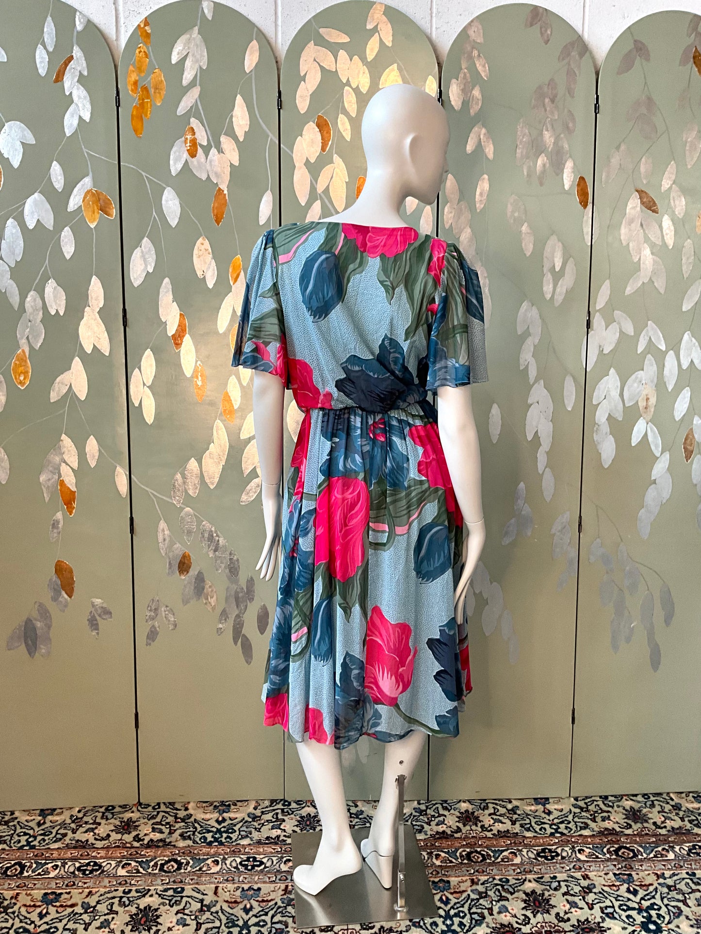Vintage 1980s Hanae Mori Blue and Pink Floral Day Dress, Small 