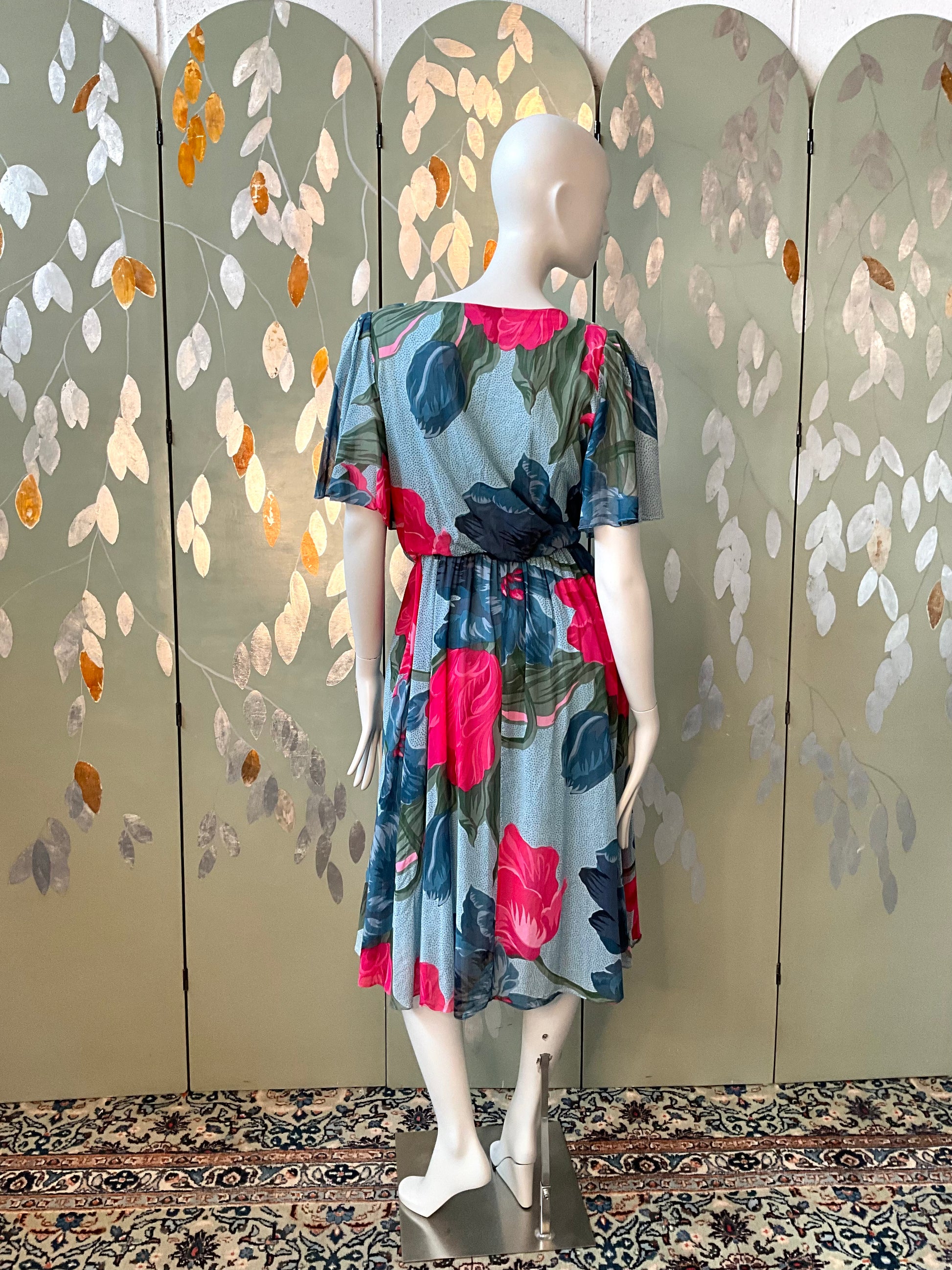 wedding dresses blue and green Vintage 1980s Hanae Mori Blue and Pink Floral Day Dress, Small