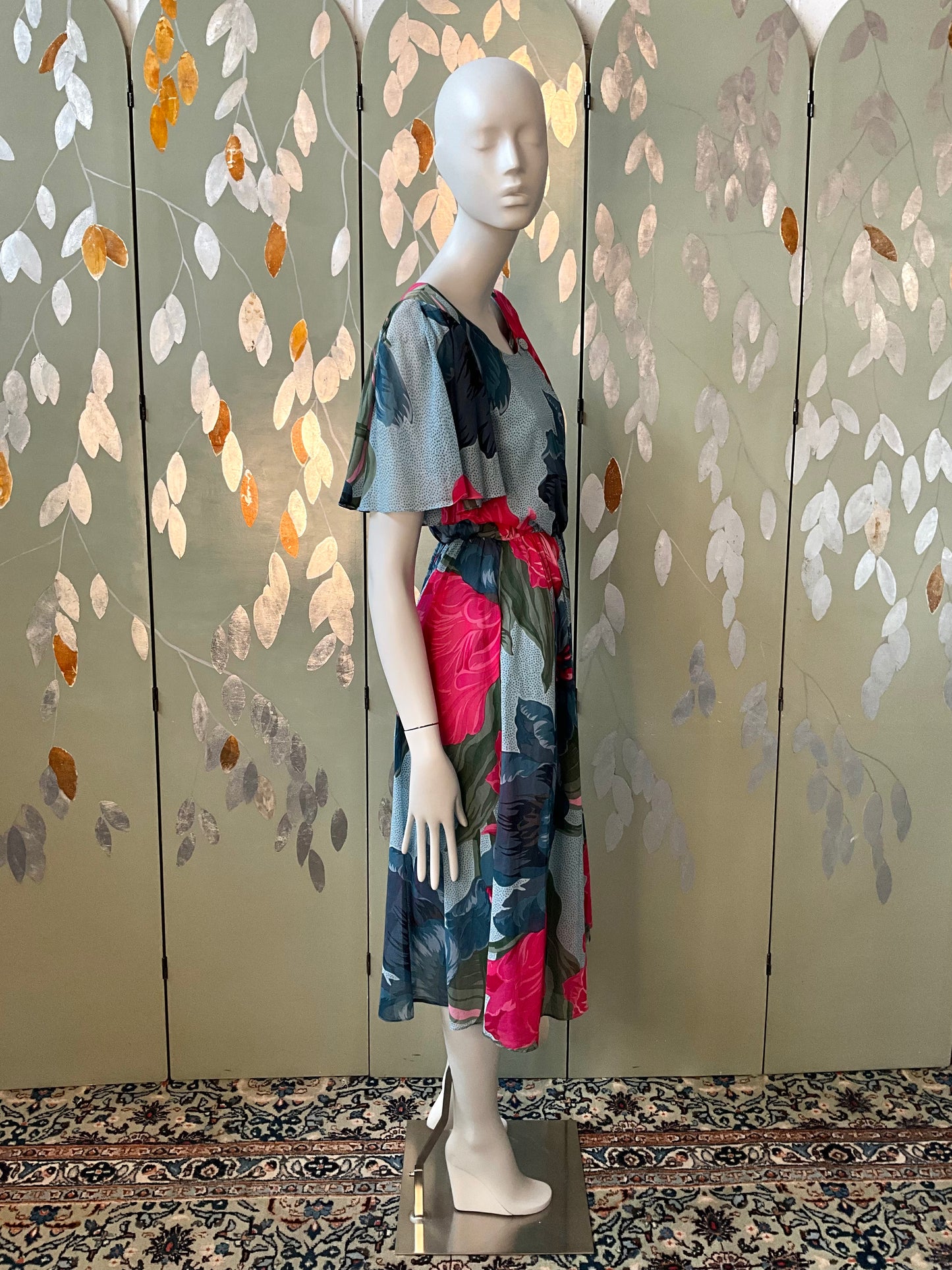 Vintage 1980s Hanae Mori Blue and Pink Floral Day Dress, Small 