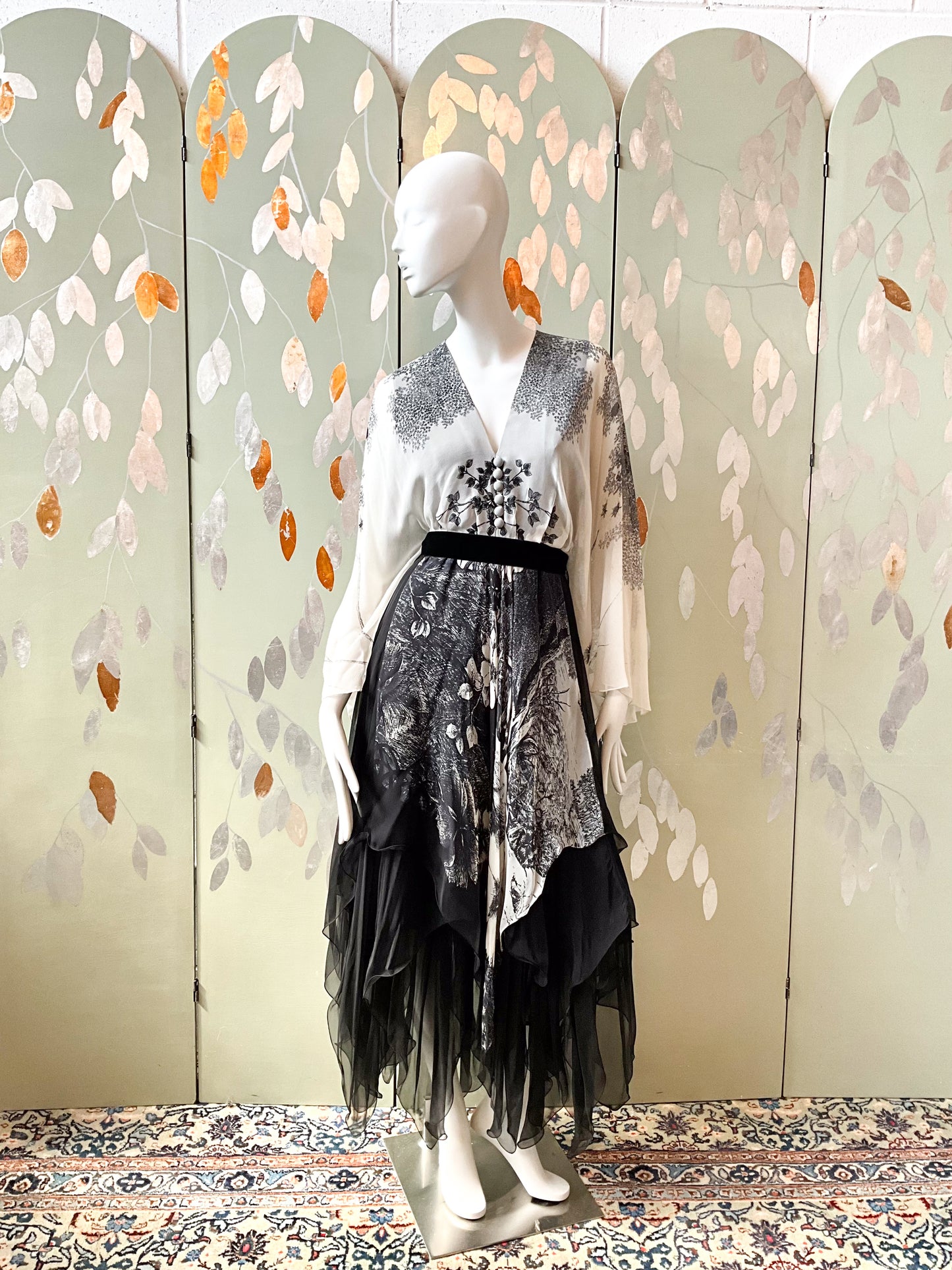 Vintage 1970s Hanae Mori Black and Grey Floral Chiffon Handkerchief Hem Dress, Small