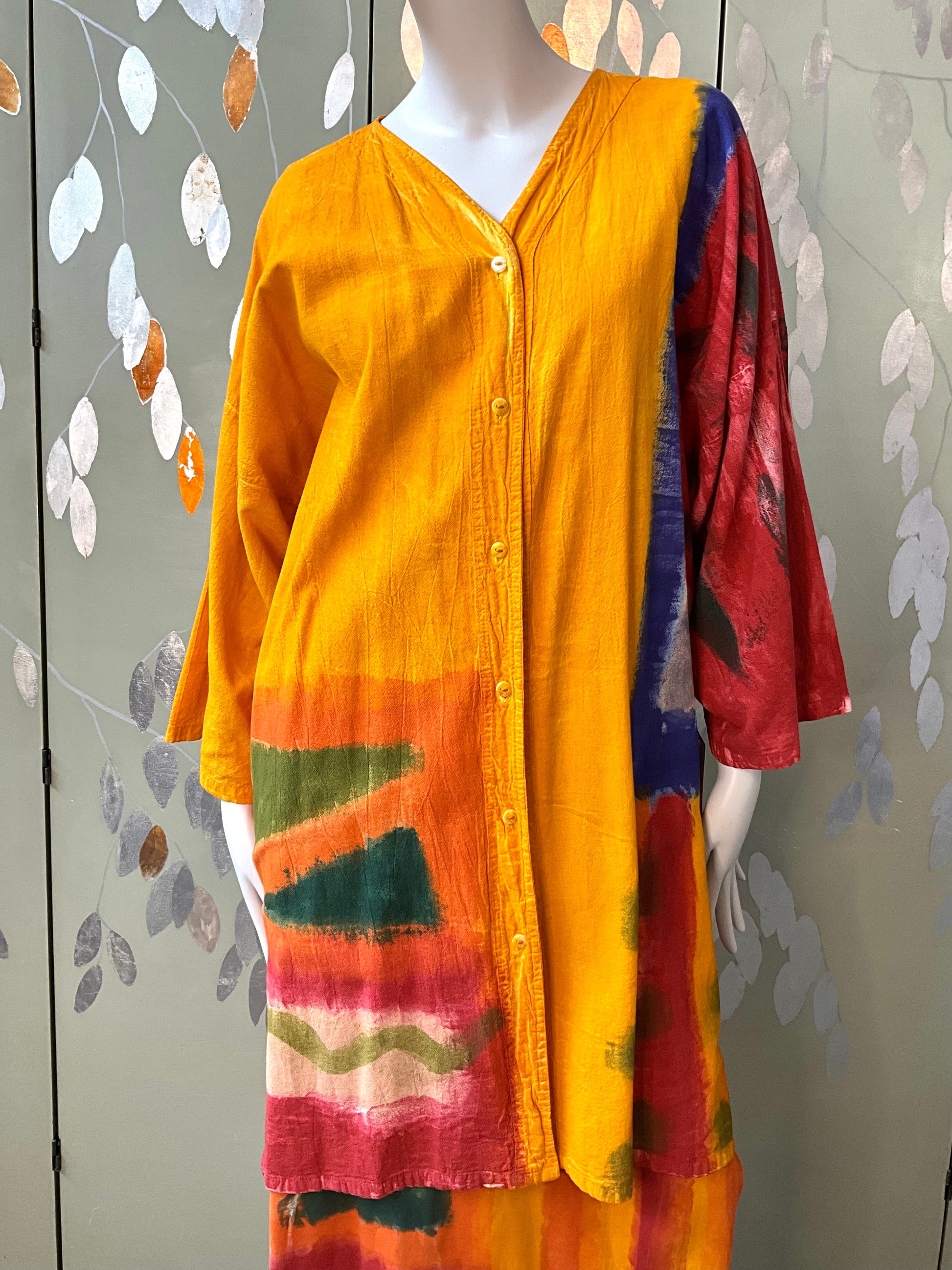 Vintage 1990s Orange Yellow Hand Painted Cotton Maxi Dress and Jacket, Large