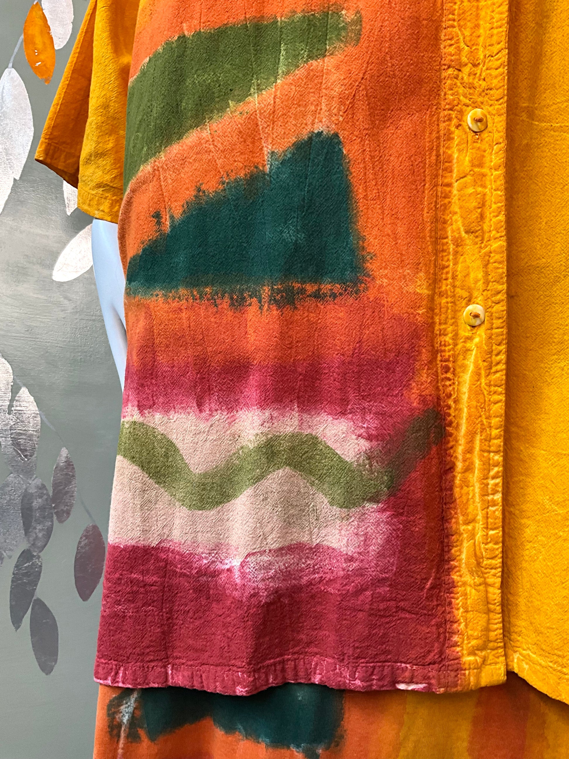 Vintage 1990s Orange Yellow Hand Painted Cotton Maxi Dress and Jacket, Large