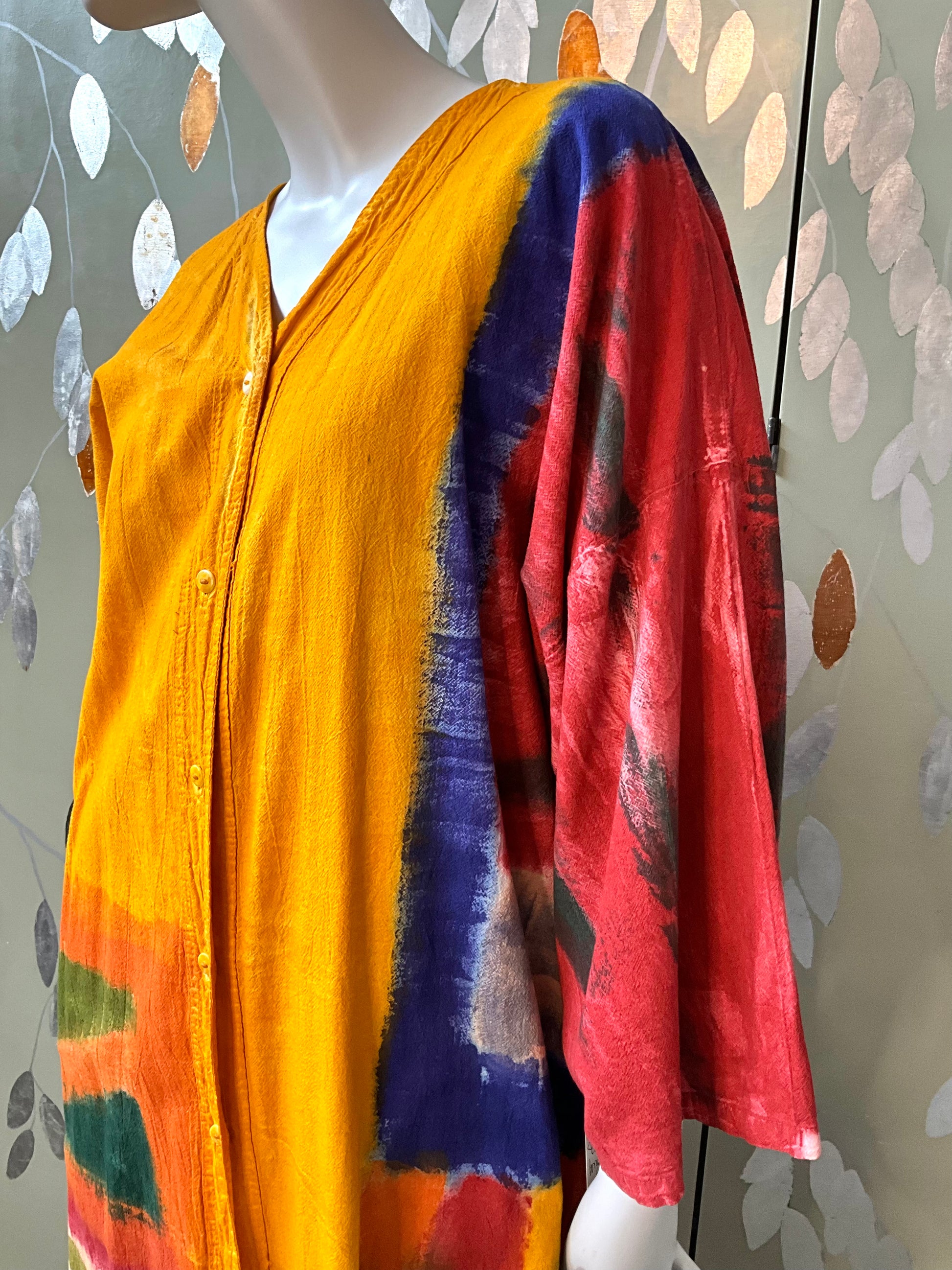 Vintage 1990s Orange Yellow Hand Painted Cotton Maxi Dress and Jacket, Large