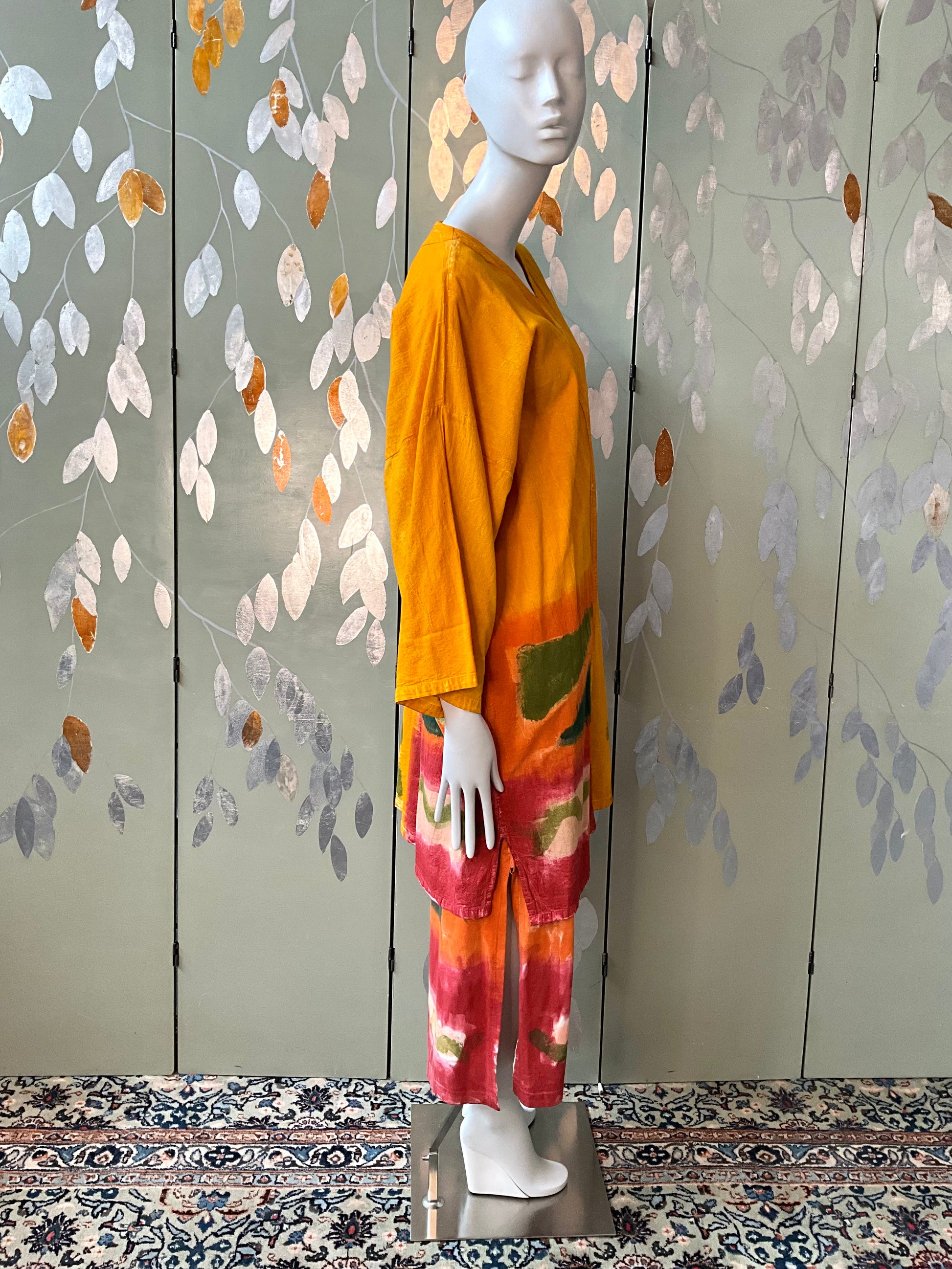 Vintage 1990s Orange Yellow Hand Painted Cotton Maxi Dress and Jacket, Large