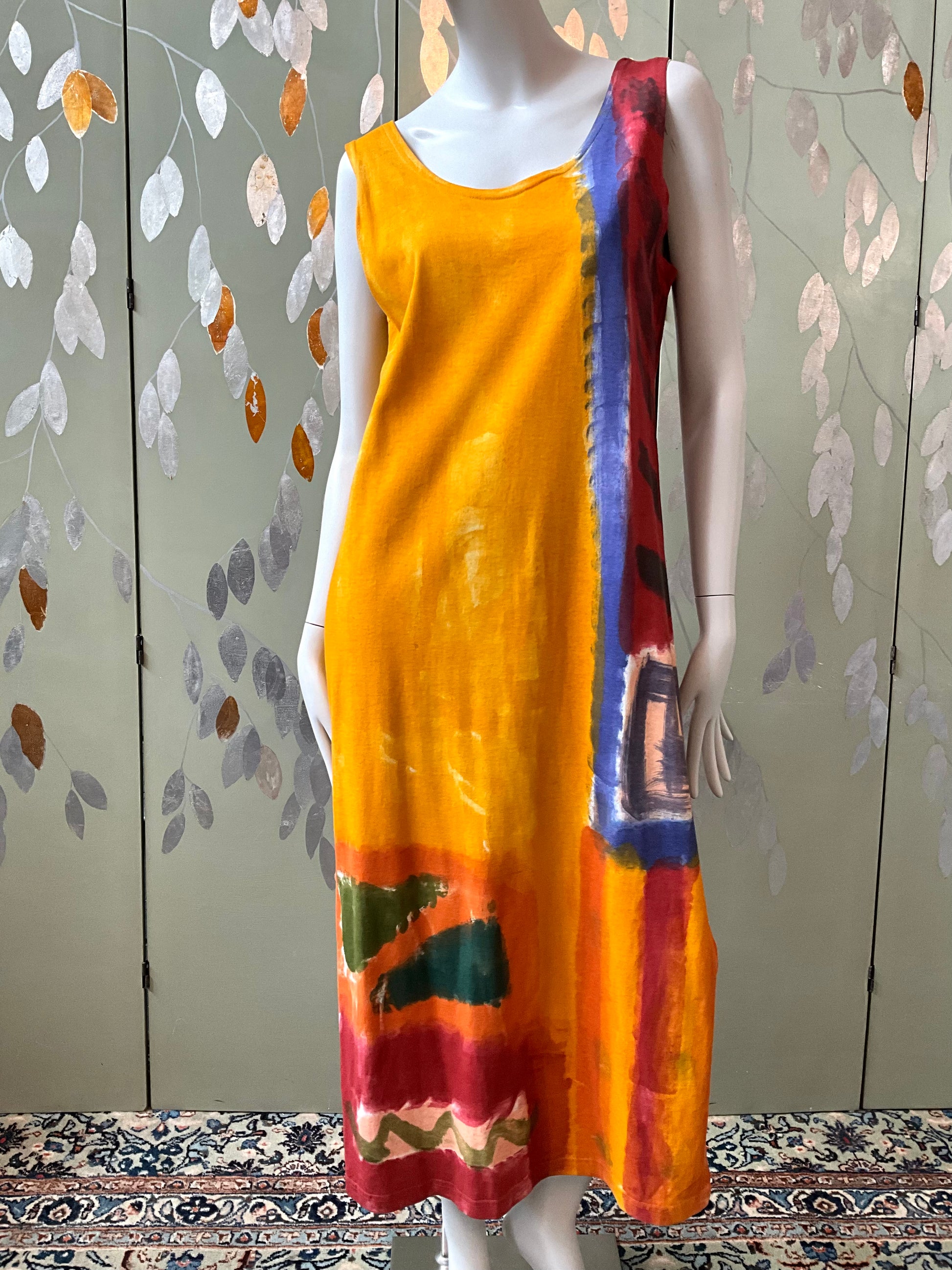 Vintage 1990s Orange Yellow Hand Painted Cotton Maxi Dress and Jacket, Large