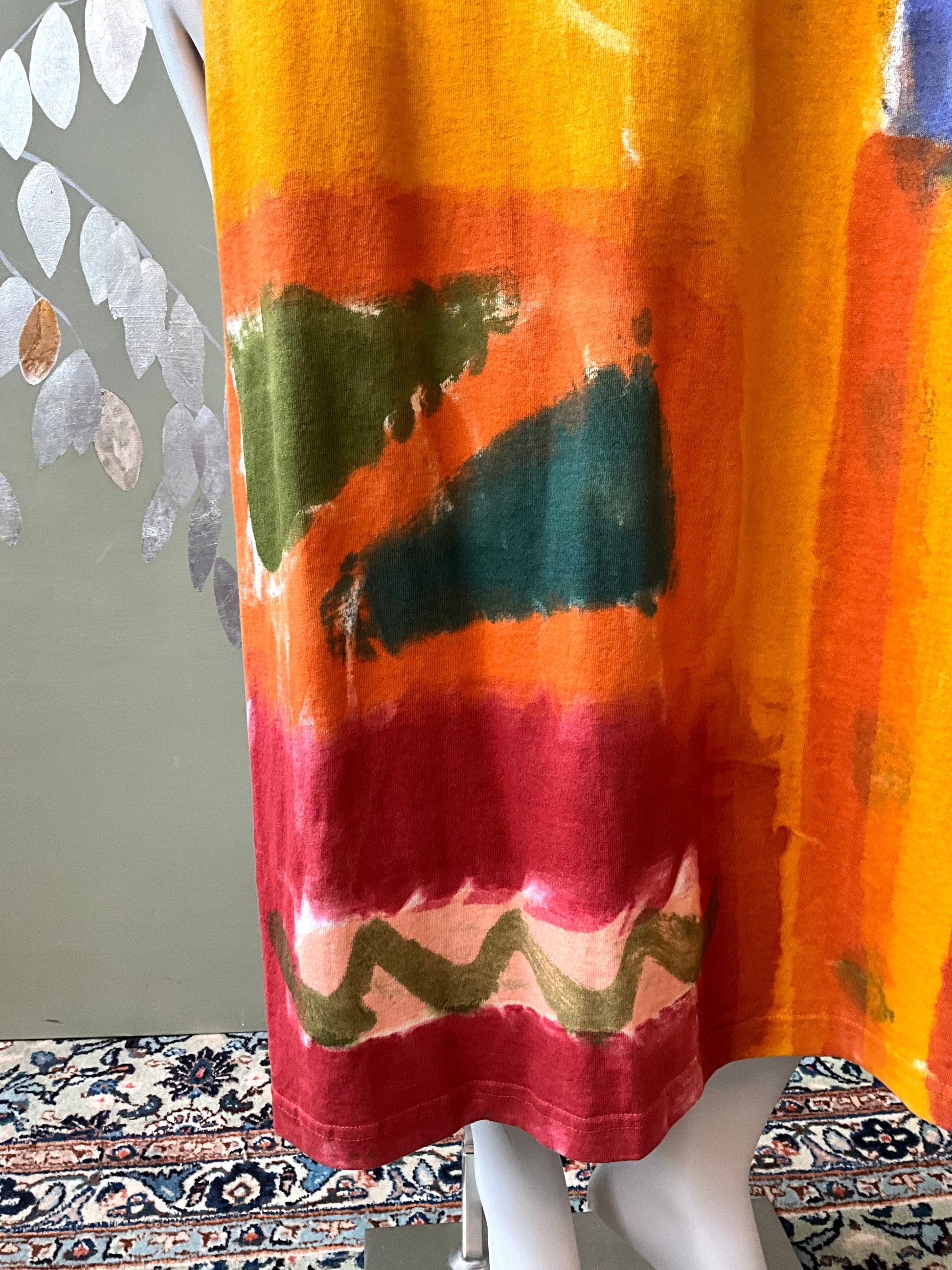 Vintage 1990s Orange Yellow Hand Painted Cotton Maxi Dress and Jacket, Large