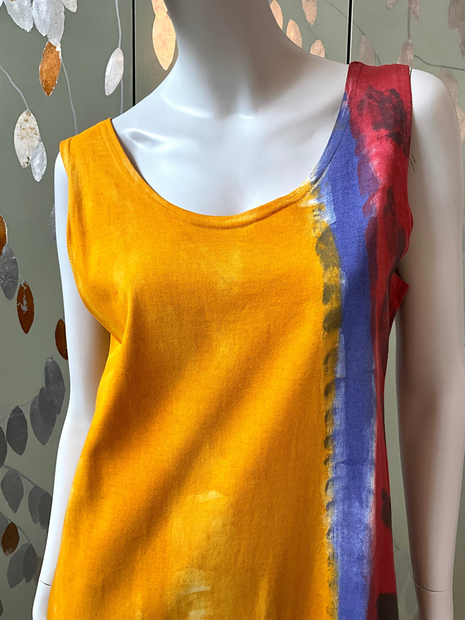 Vintage 1990s Orange Yellow Hand Painted Cotton Maxi Dress and Jacket, Large