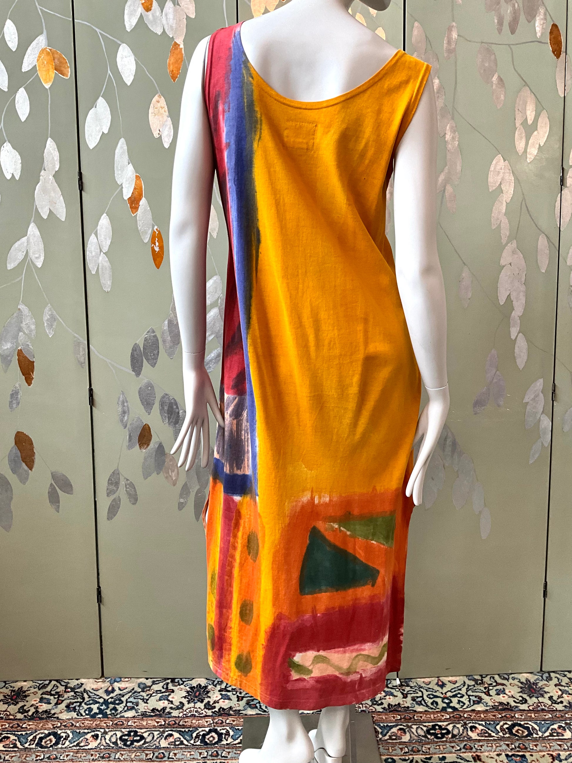 Vintage 1990s Orange Yellow Hand Painted Cotton Maxi Dress and Jacket, Large