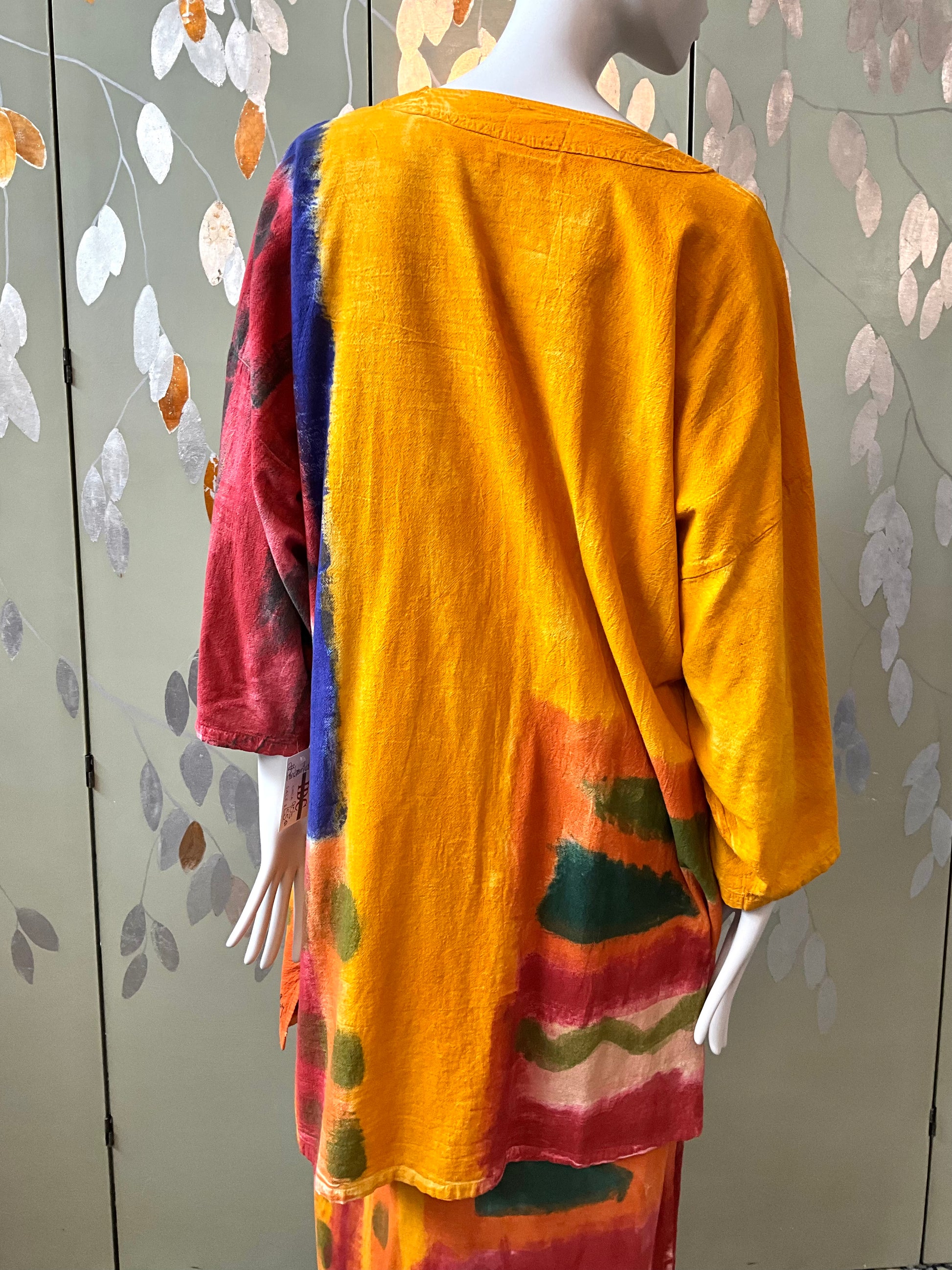 Vintage 1990s Orange Yellow Hand Painted Cotton Maxi Dress and Jacket, Large