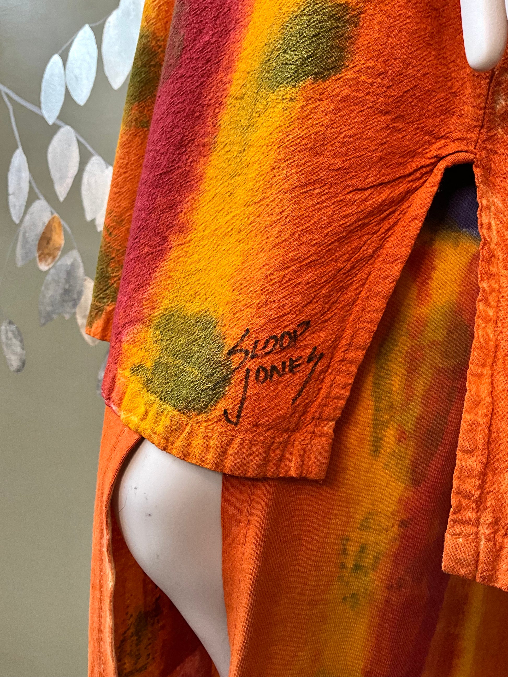 Vintage 1990s Orange Yellow Hand Painted Cotton Maxi Dress and Jacket, Large