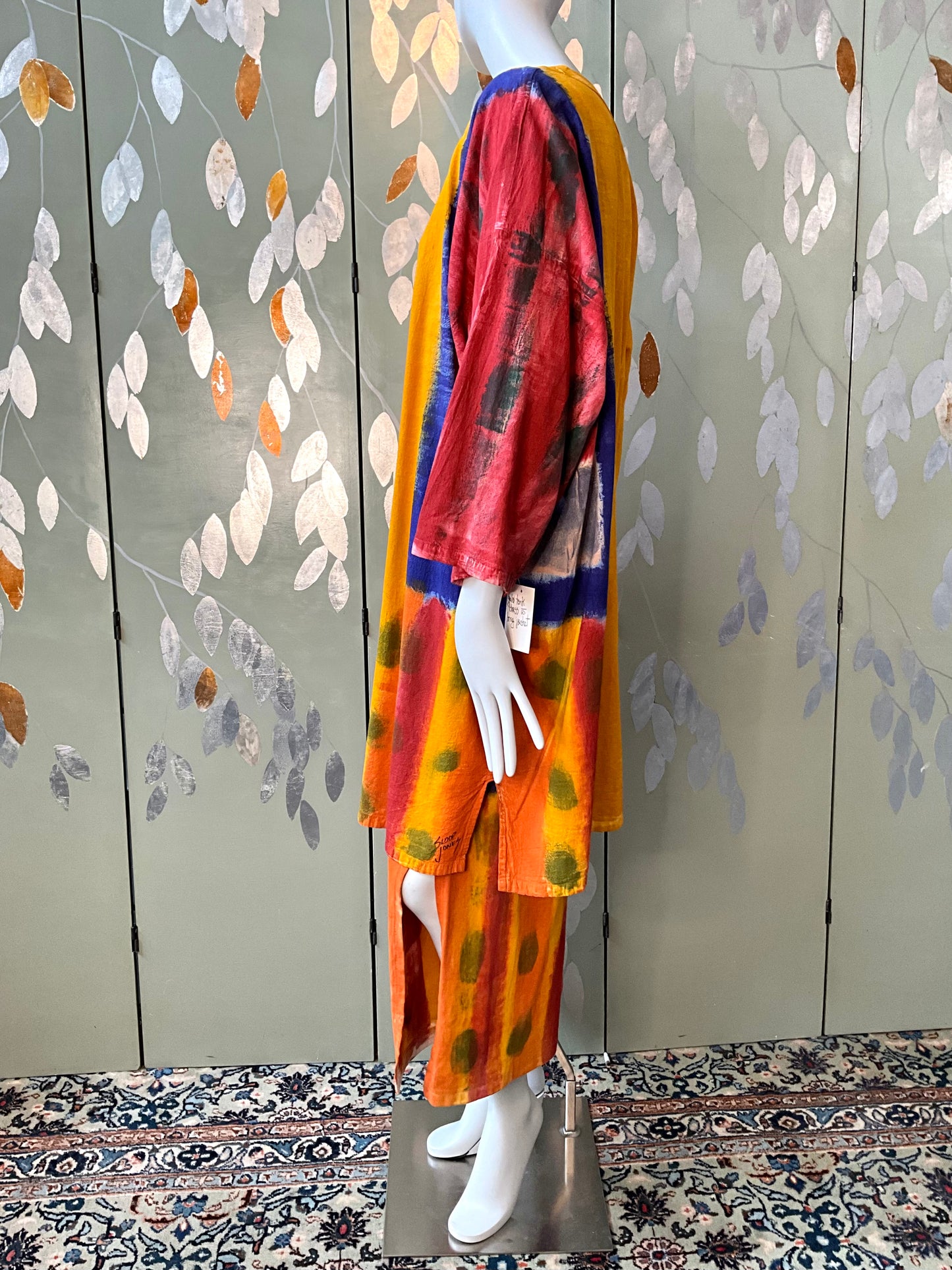 Vintage 1990s Orange Yellow Hand Painted Cotton Maxi Dress and Jacket, Large