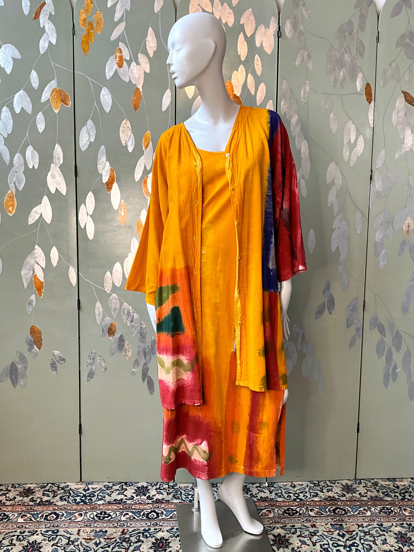Vintage 1990s Orange Yellow Hand Painted Cotton Maxi Dress and Jacket, Large