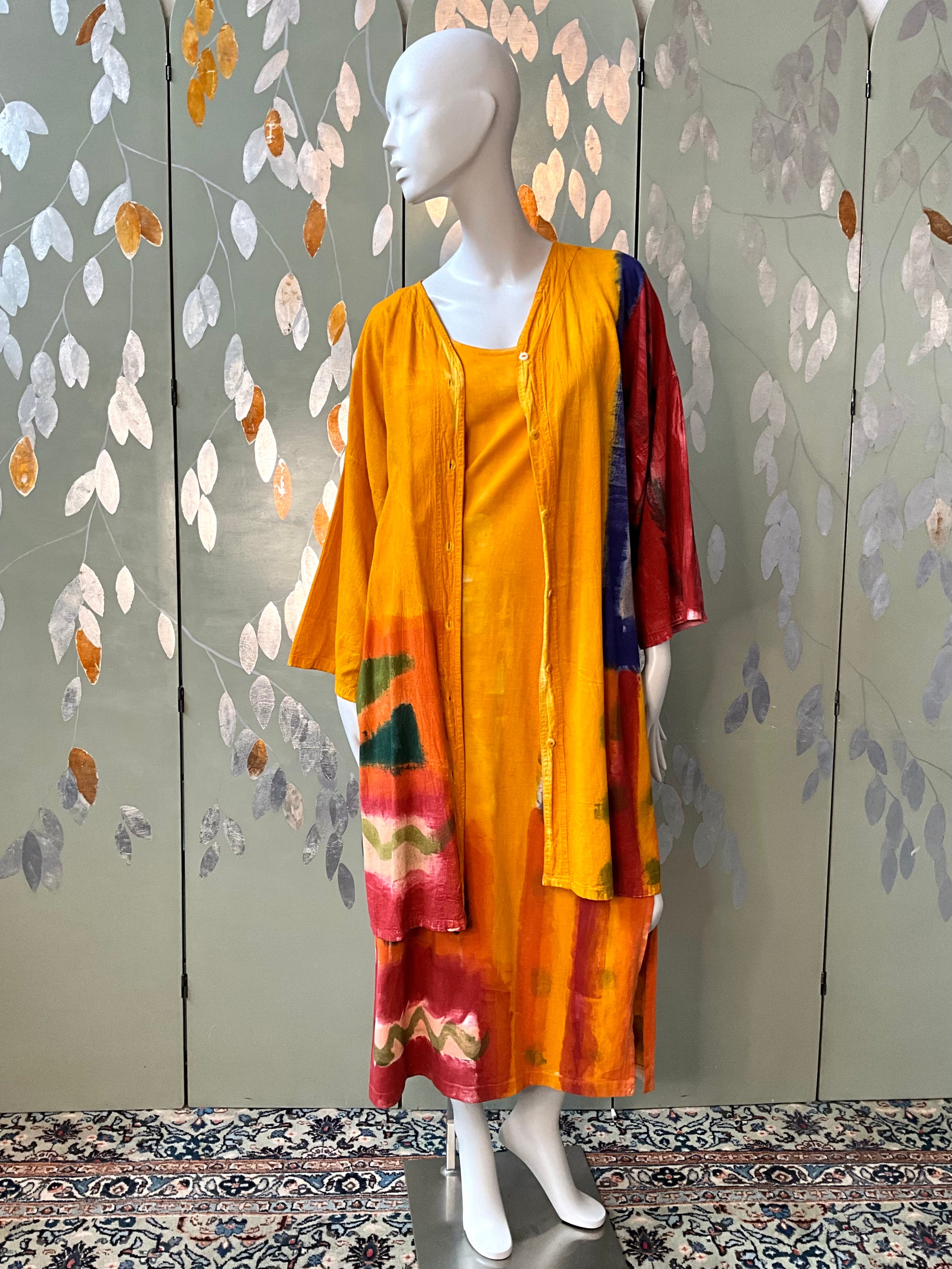 Vintage 1990s Orange Yellow Hand Painted Cotton Maxi Dress and Jacket, Large