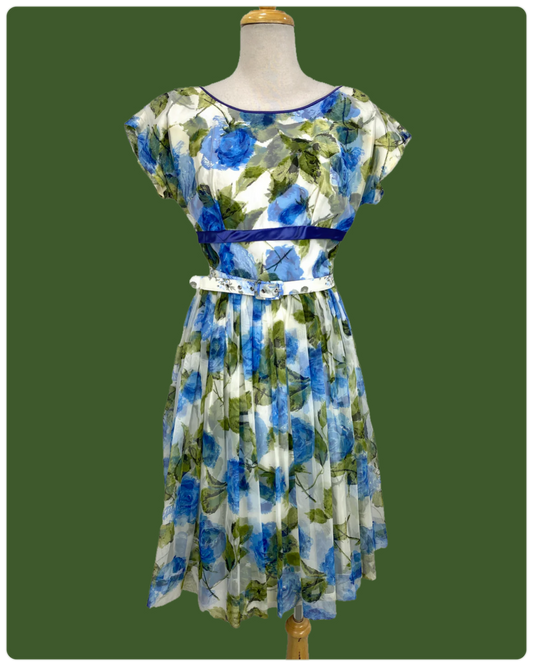 Vintage 1950s Blue/ Green Floral Print Rayon Tea Dress with Belt, Small