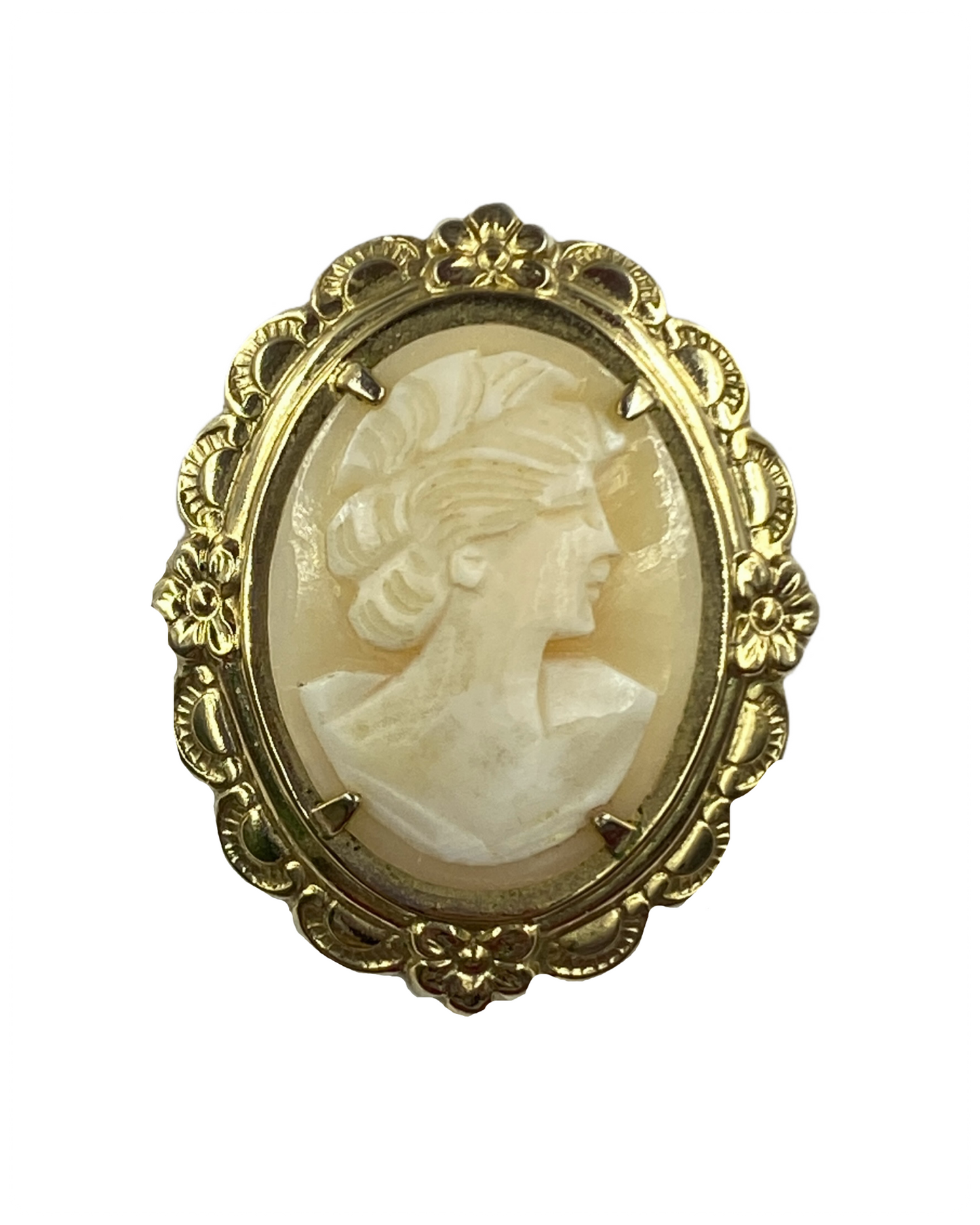 Vintage 1950s Pink & Gold Cameo Shell Brooch by Coro 