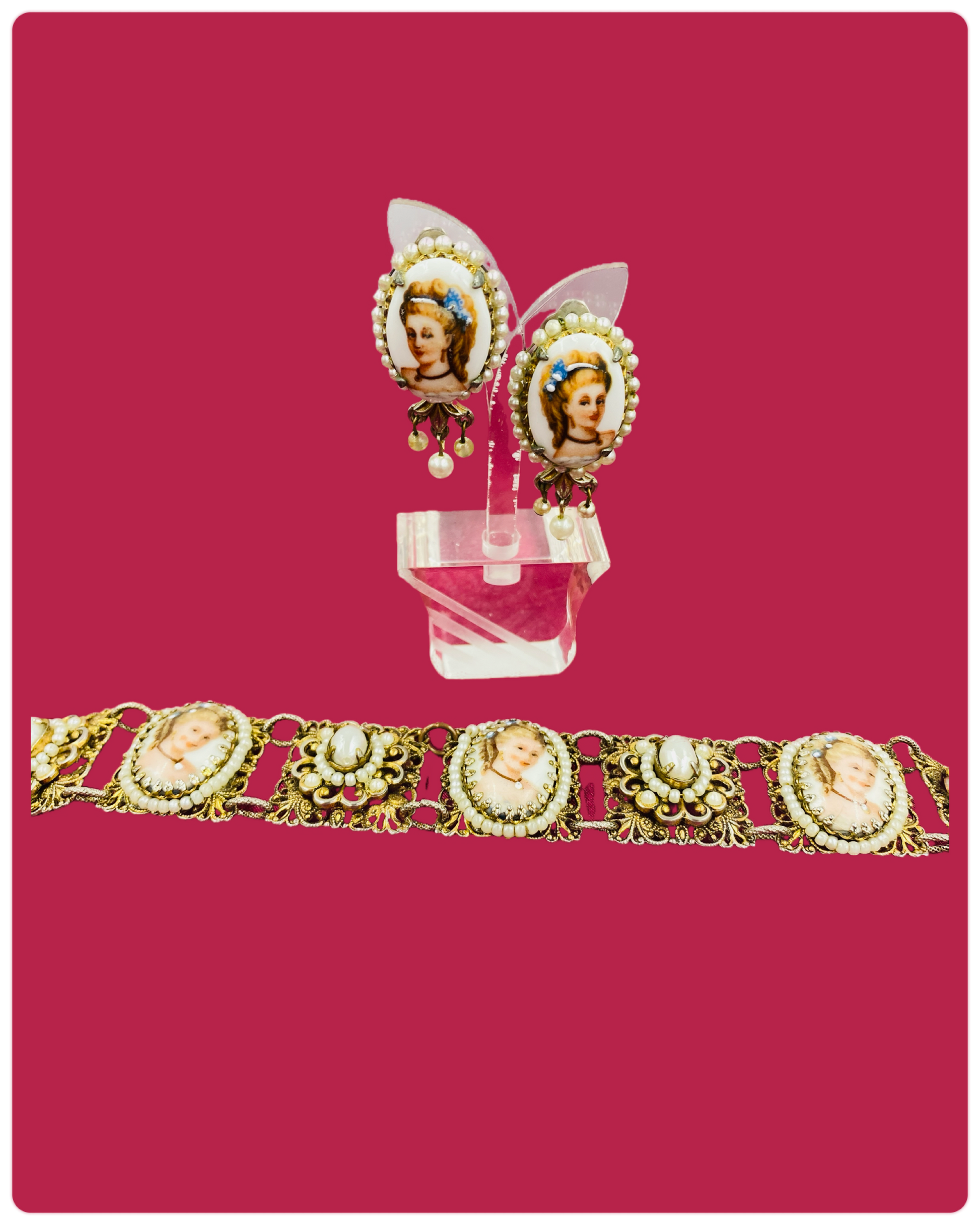 Vintage 1980s Clip-On Porcelain Portrait Earrings & Bracelet Set, Limoges