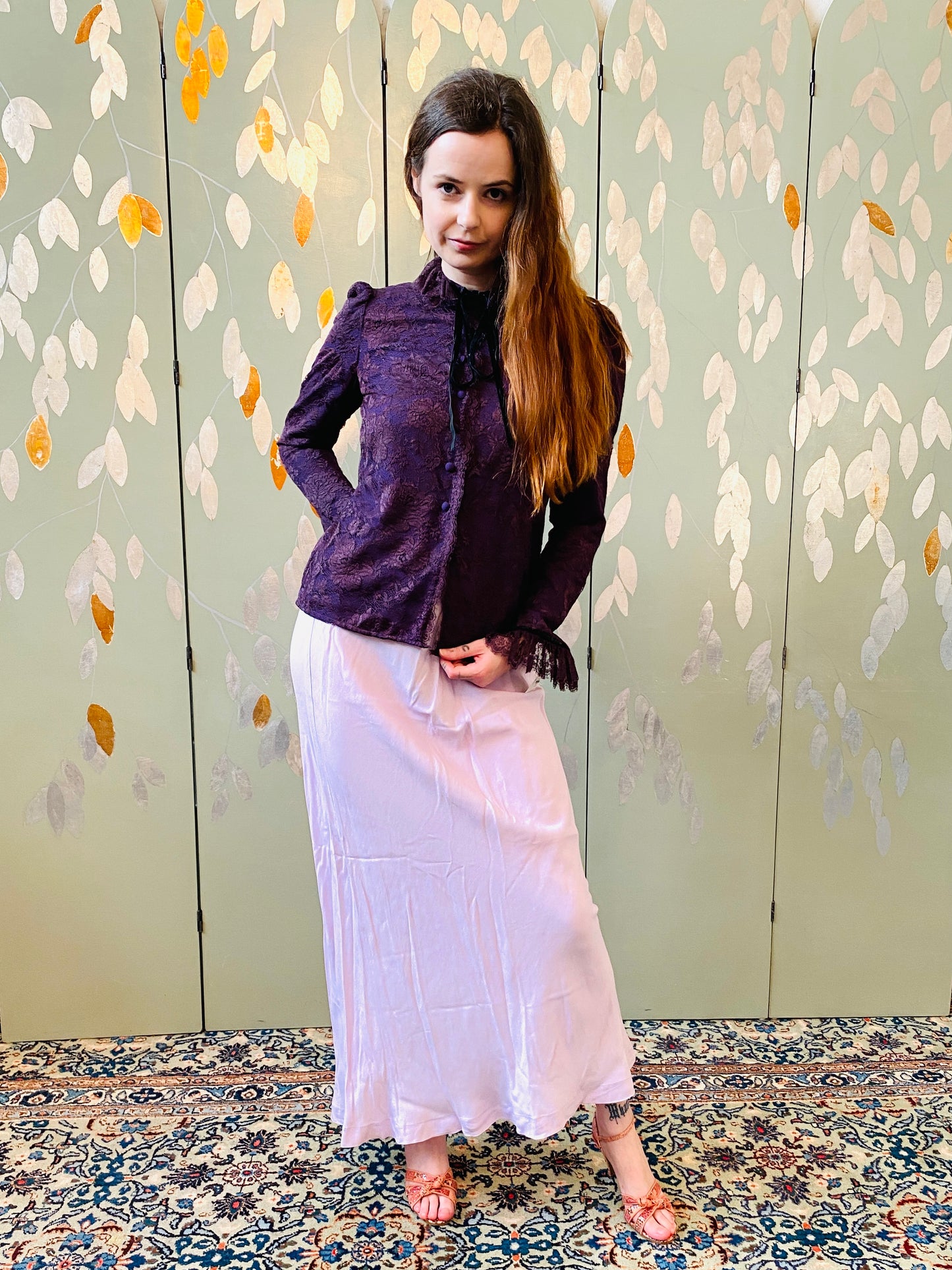 Vintage 1980s Jean Louis Scherrer Purple Lace Ruffle Neck Blouse, S/M