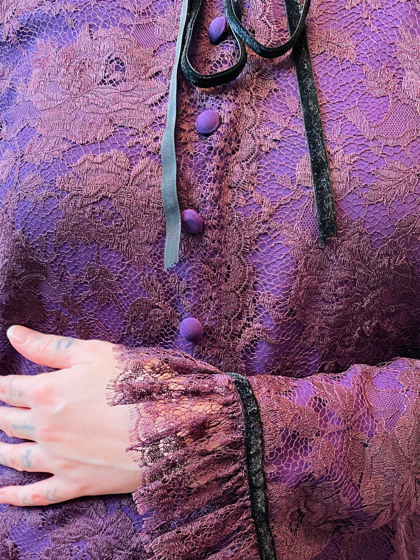 Vintage 1980s Jean Louis Scherrer Purple Lace Ruffle Neck Blouse, S/M