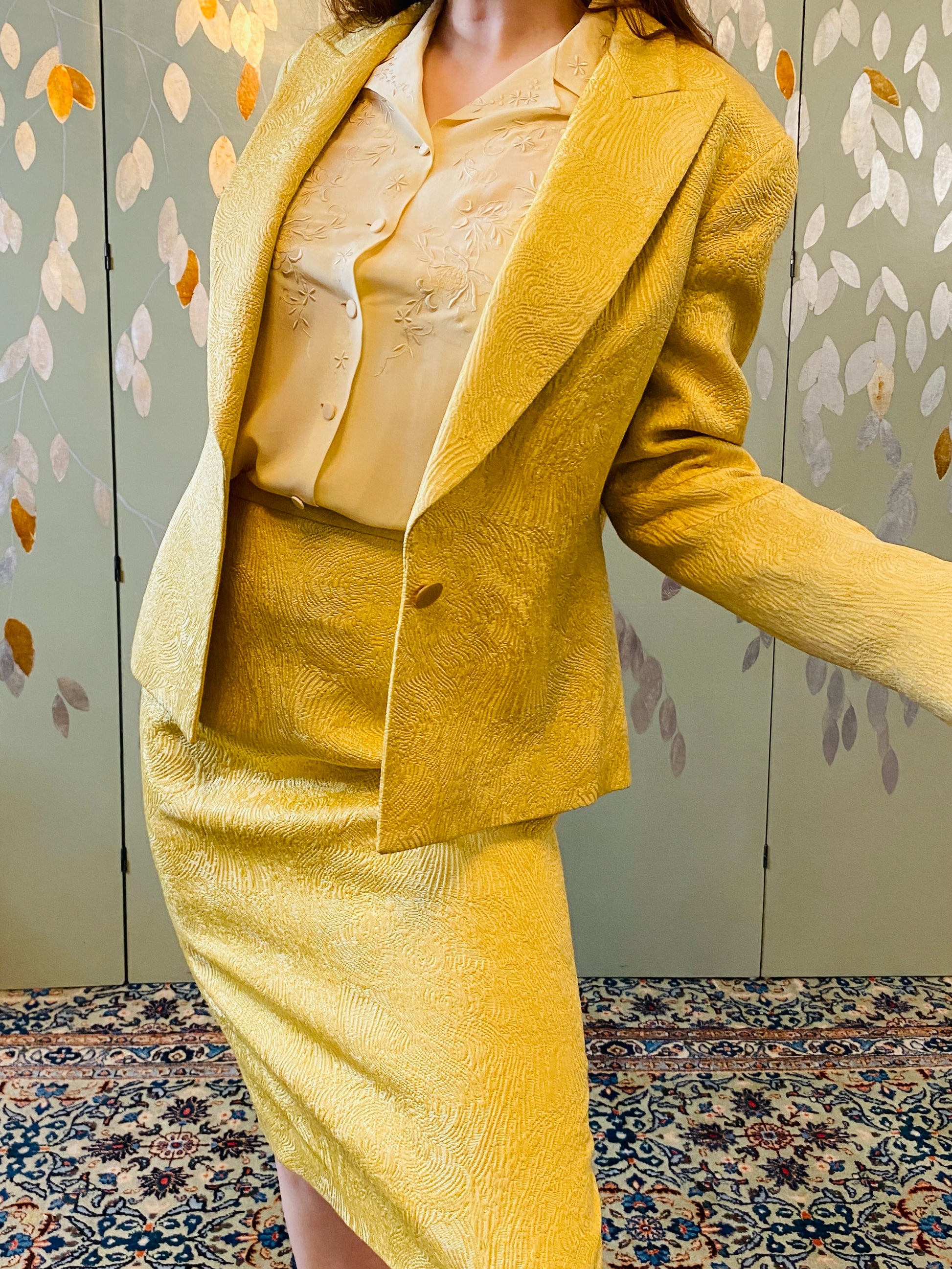 Vintage 1980s Nina Ricci Gold Skirt Suit, Wool and Silk, Large