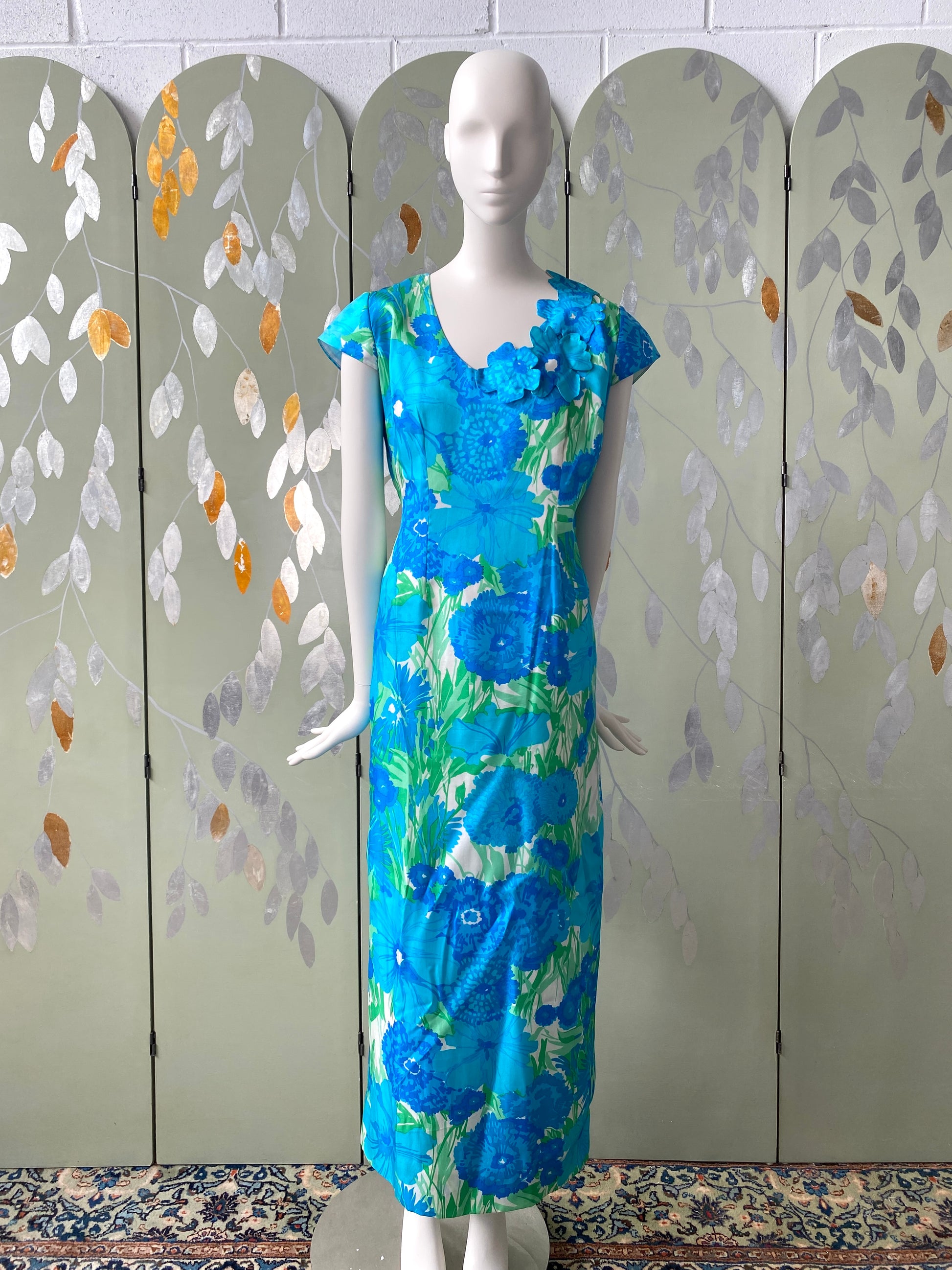 Vintage 1960s Blue Floral Maxi Dress, Large 