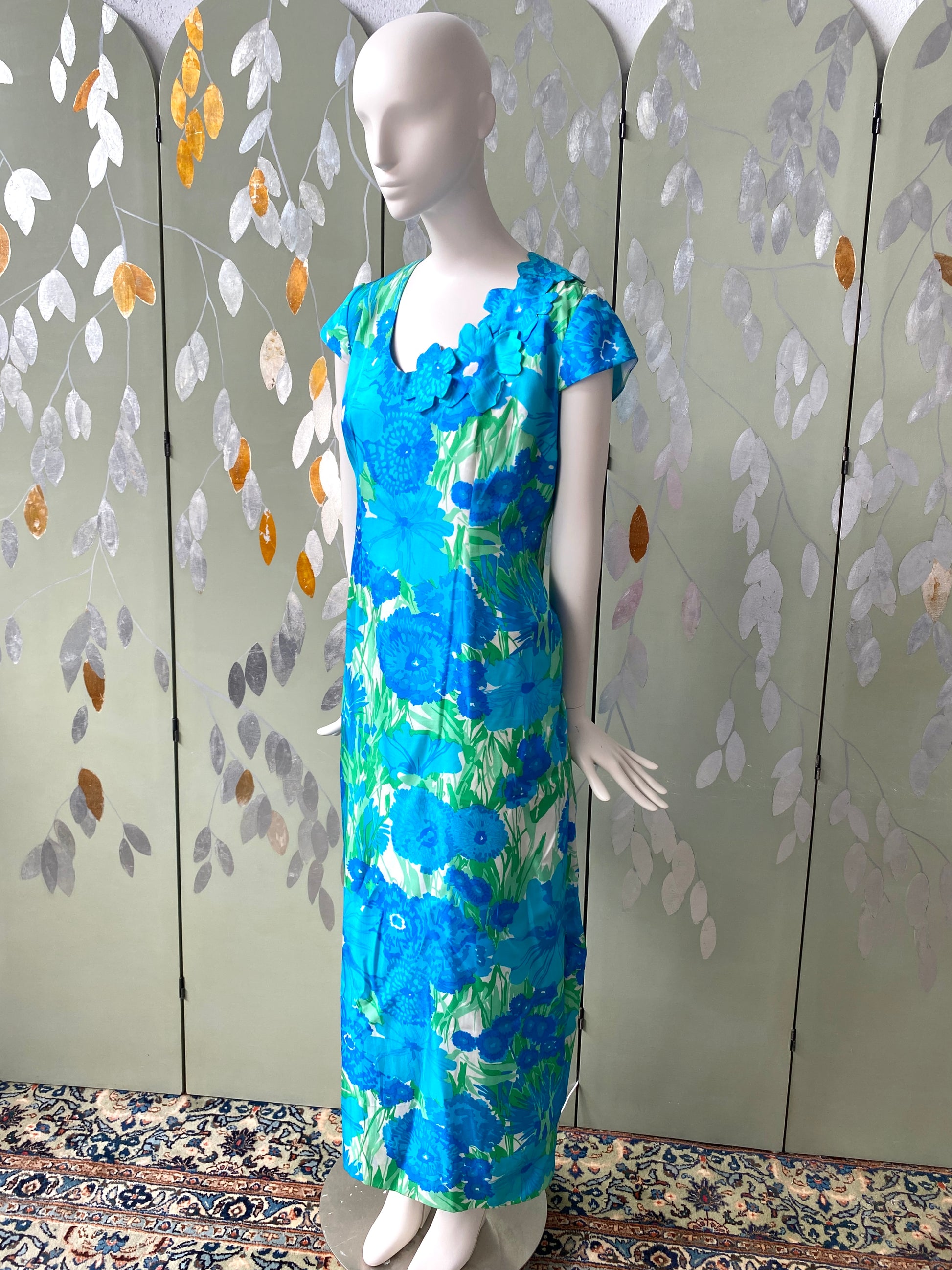 Vintage 1960s Blue Floral Maxi Dress, Large 