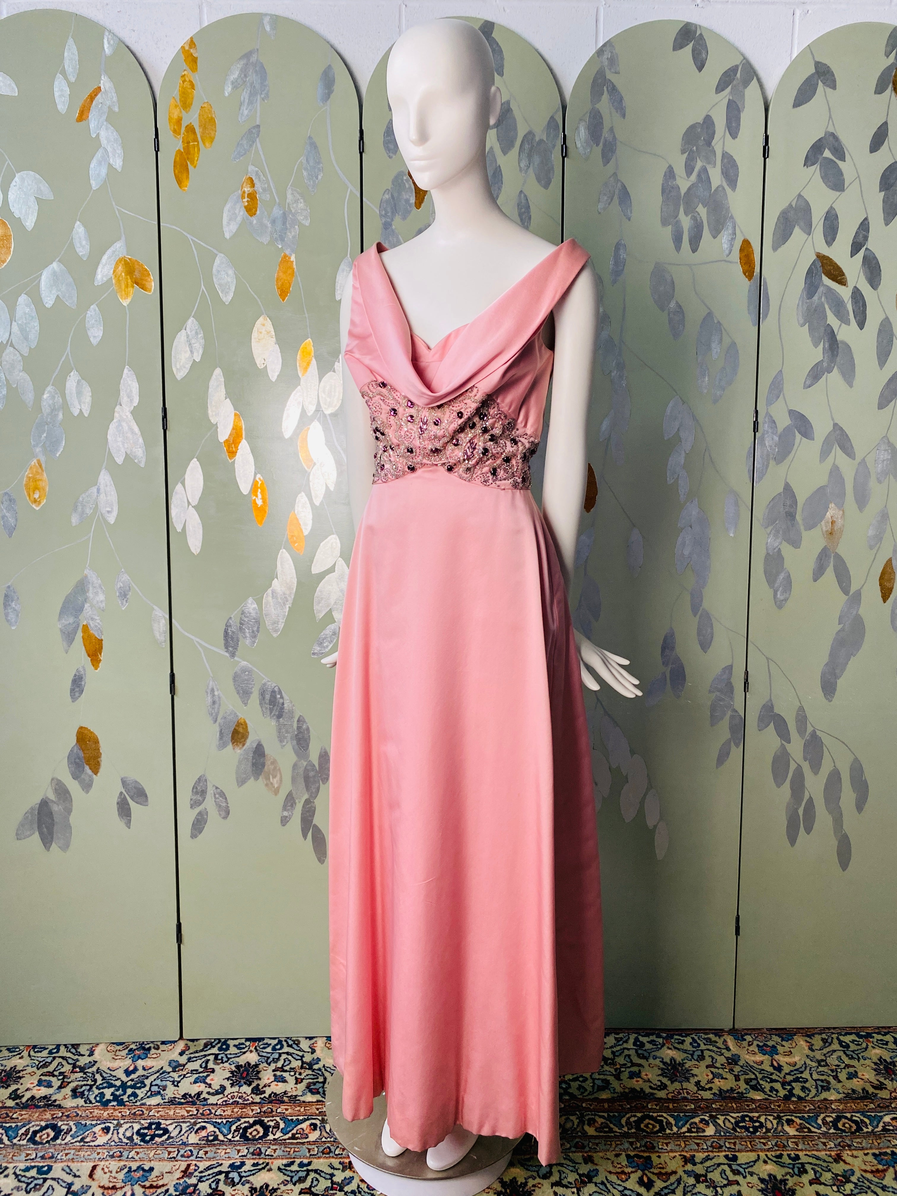 Vintage 1960s Pink Satin Beaded Evening Gown, Ruth Dukas, XS – Ian