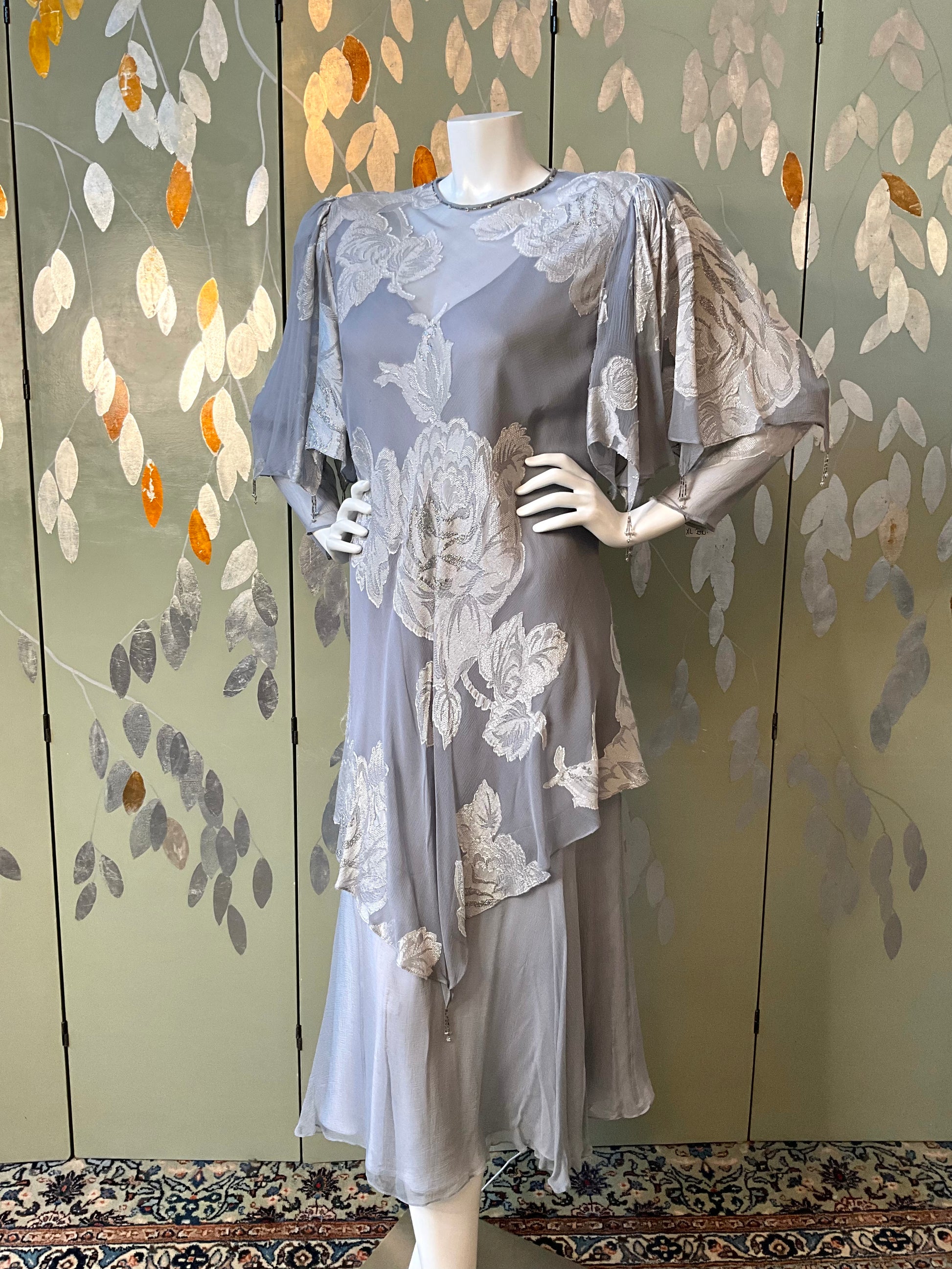 Vintage 1980s Silver Grey Beaded Chiffon Dress, XL
