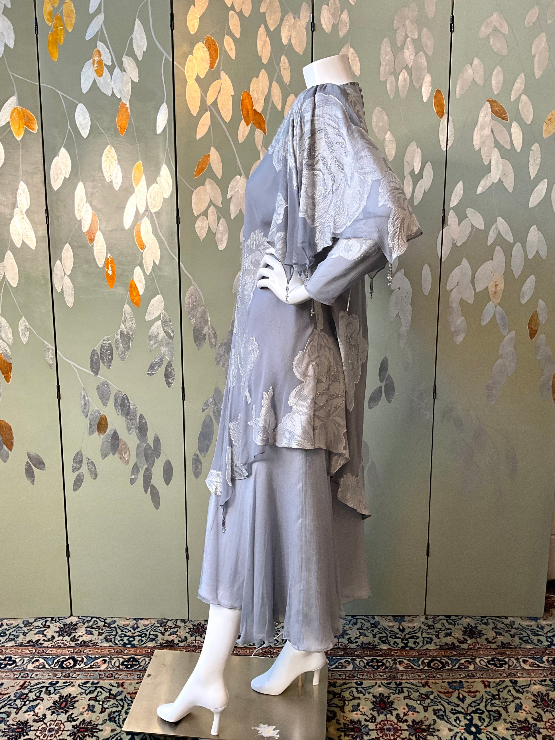 Vintage 1980s Silver Grey Beaded Chiffon Dress, XL